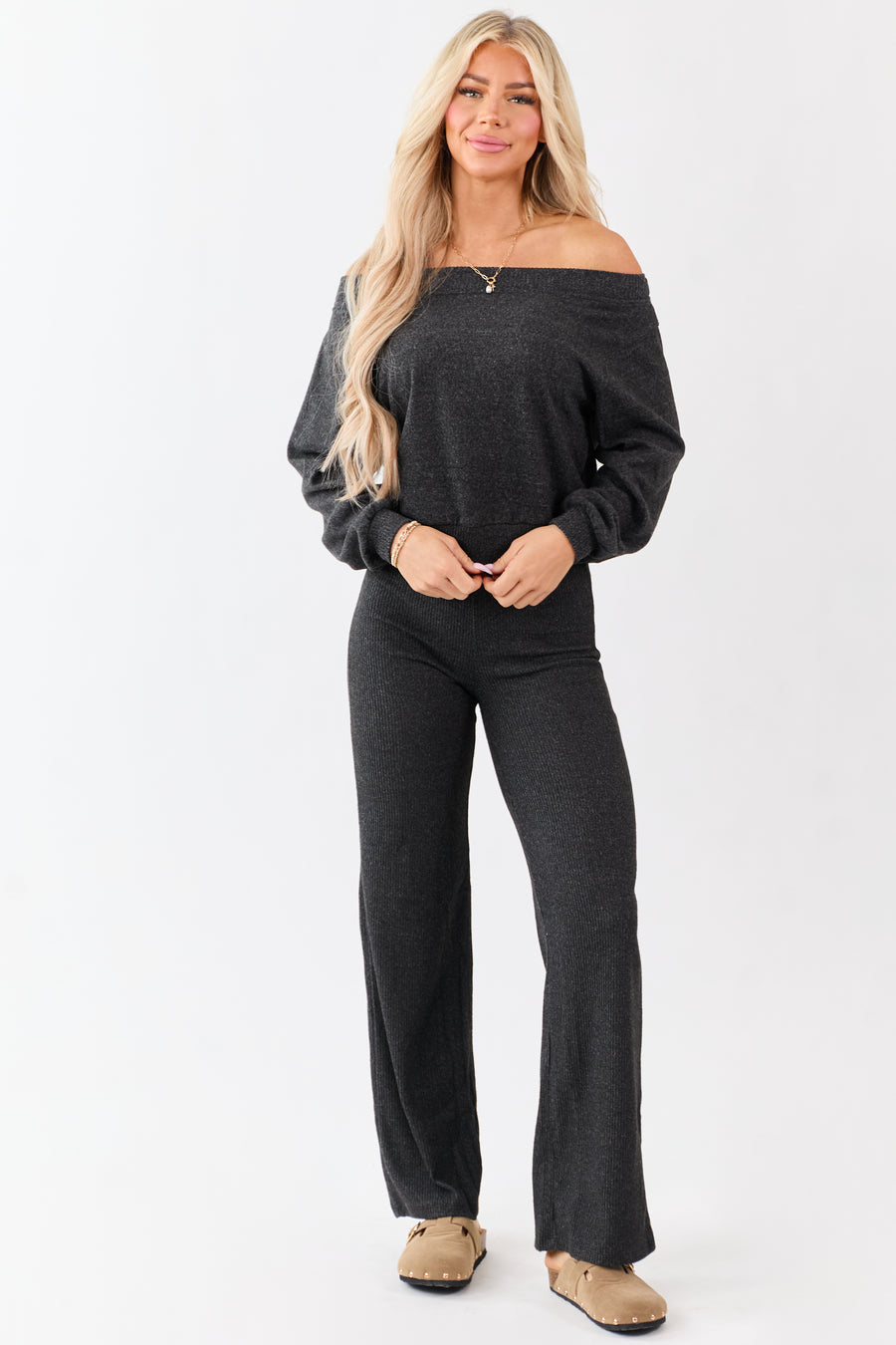 Charcoal Rib Knit Elastic Waist Wide Leg Pants