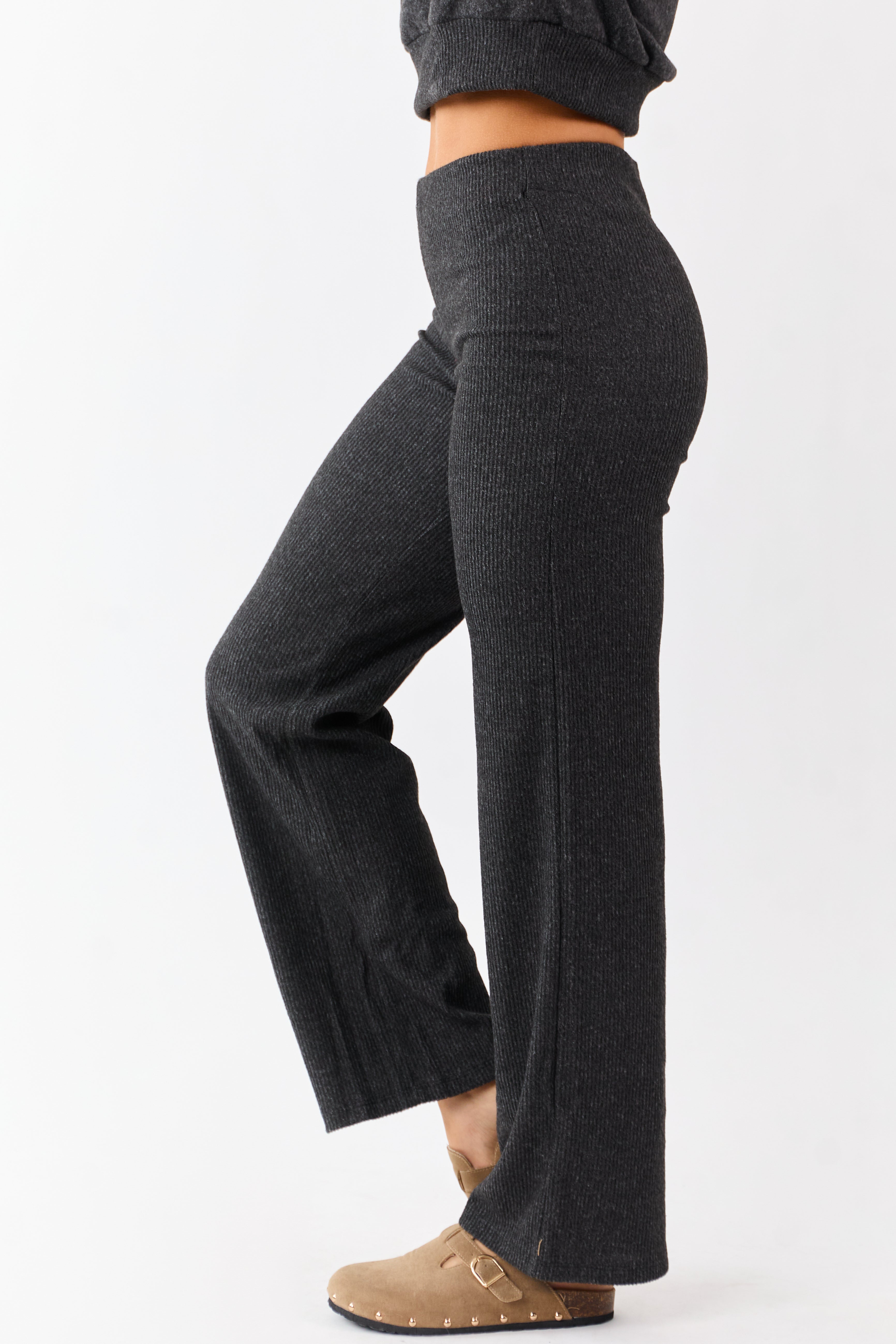 Charcoal Rib Knit Elastic Waist Wide Leg Pants