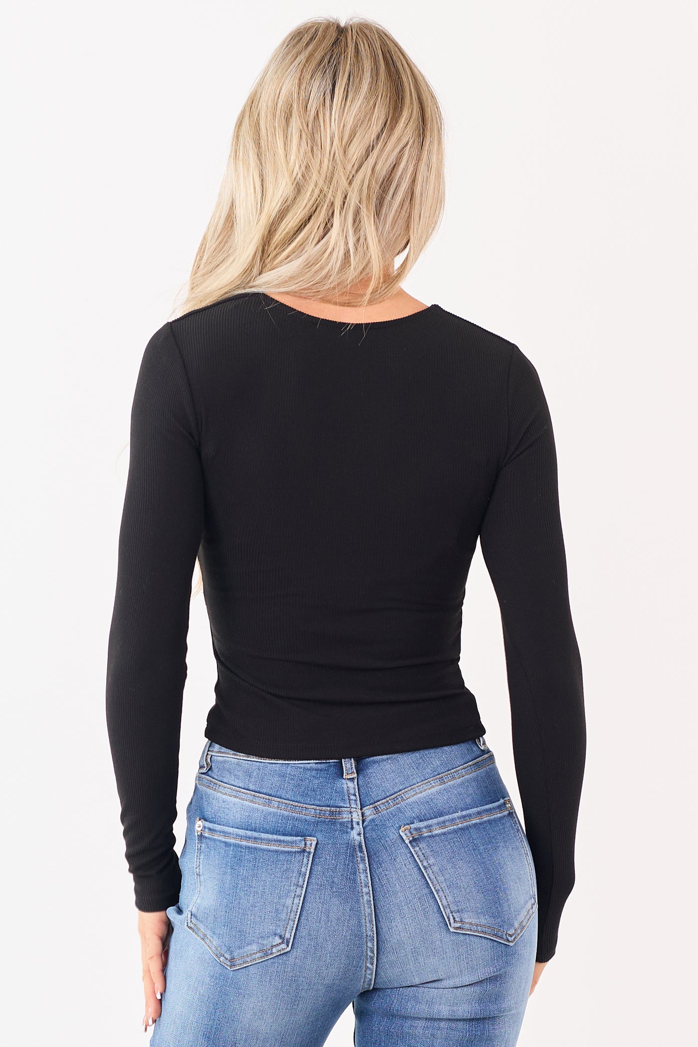 Black Rib Knit Front Twist Long Sleeve Top