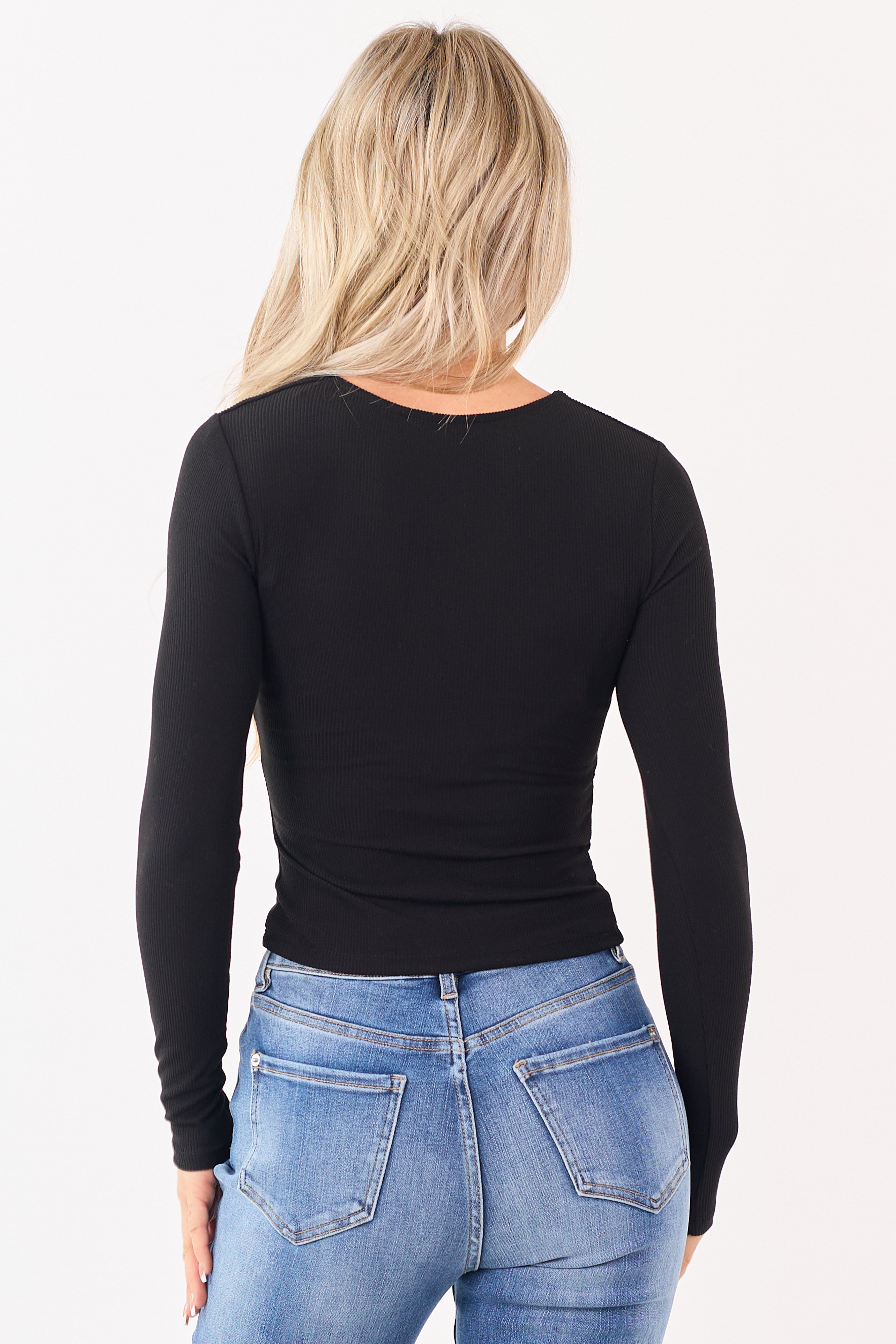 Black Rib Knit Front Twist Long Sleeve Top