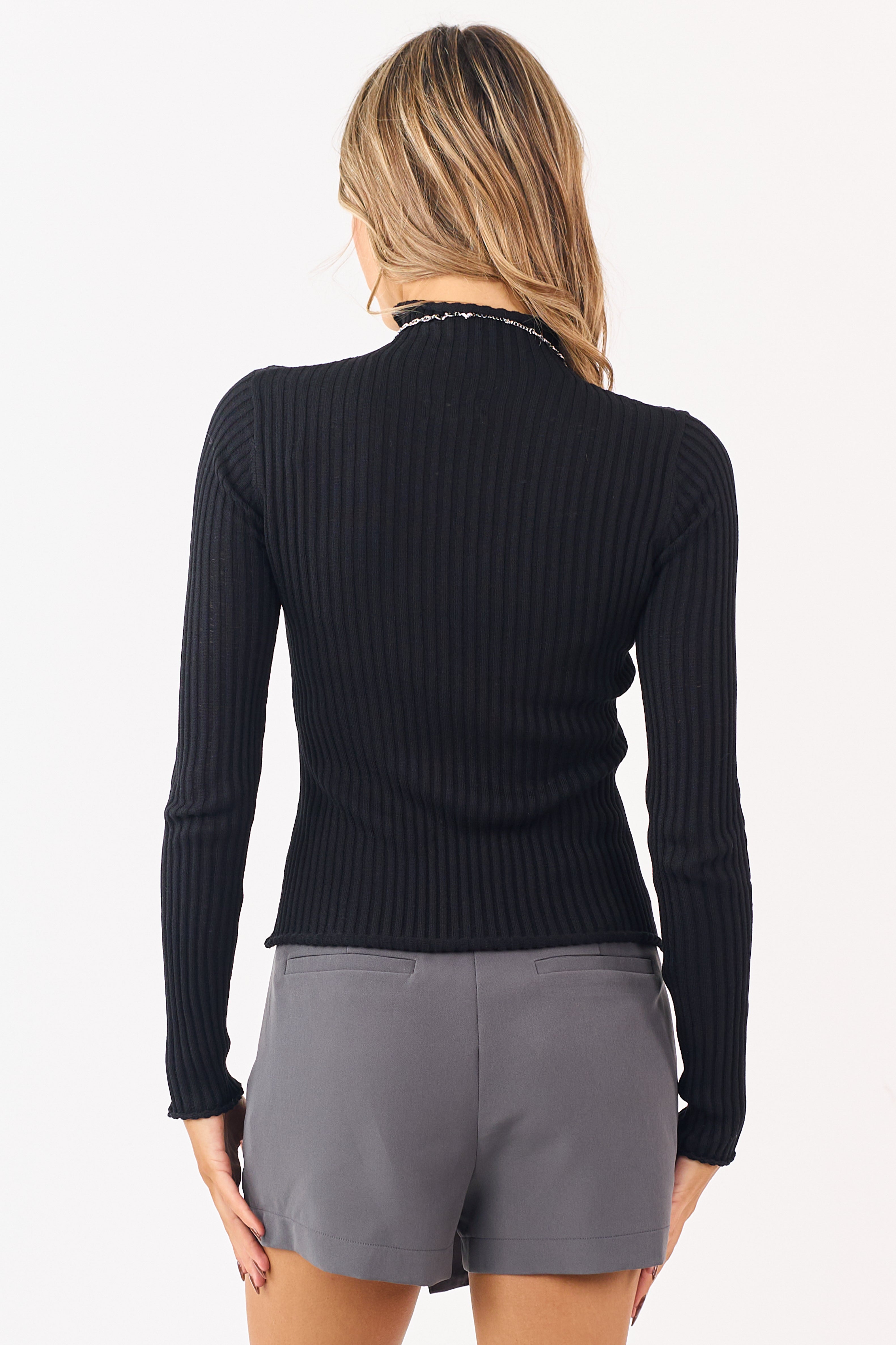 Black Rib Knit High Neck Long Sleeve Fitted Top