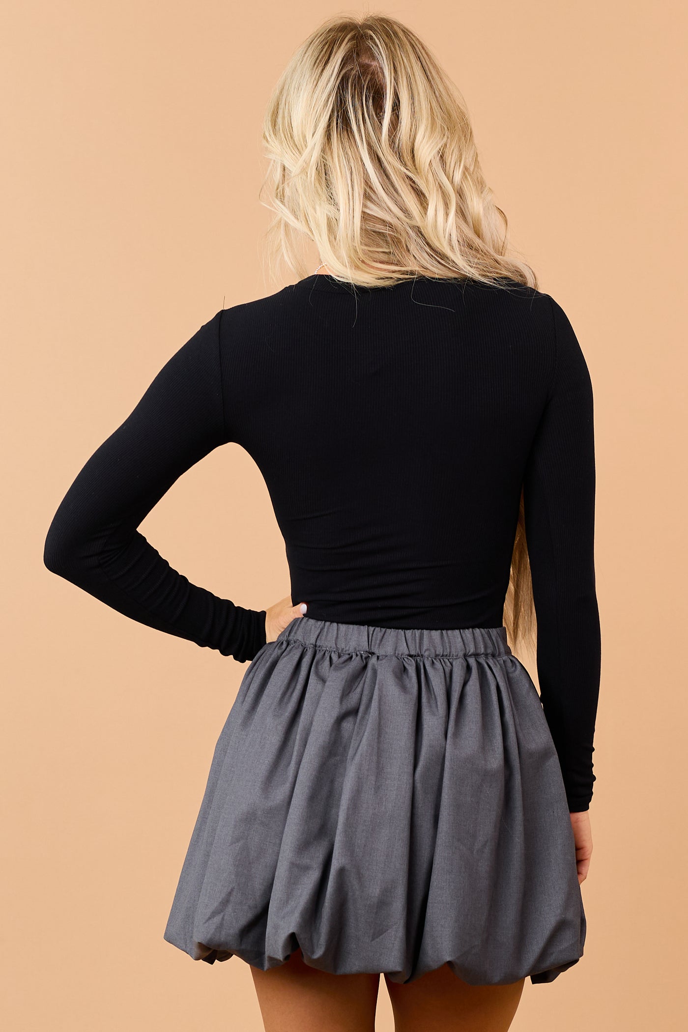 Black Rib Knit Long Sleeve Crew Neck Bodysuit