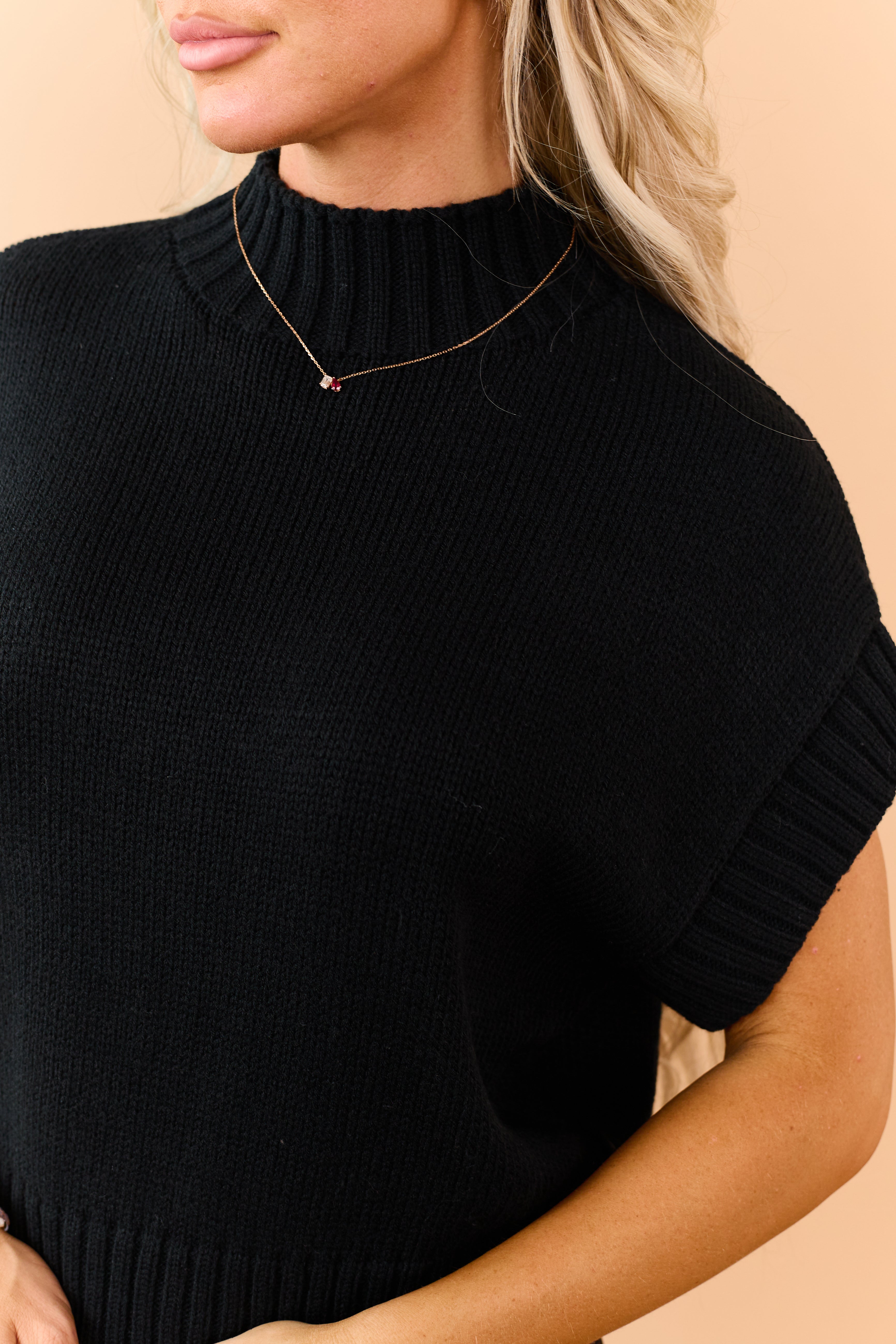 Black Rib Knit Mock Neck Short Sleeve Sweater