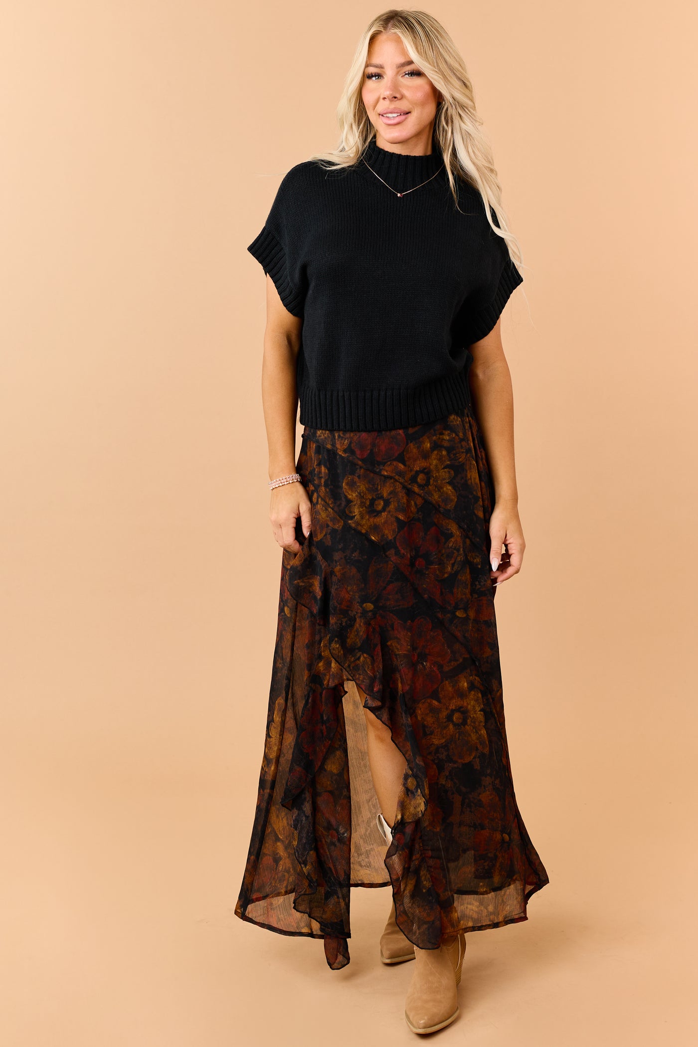 Black Rib Knit Mock Neck Short Sleeve Sweater