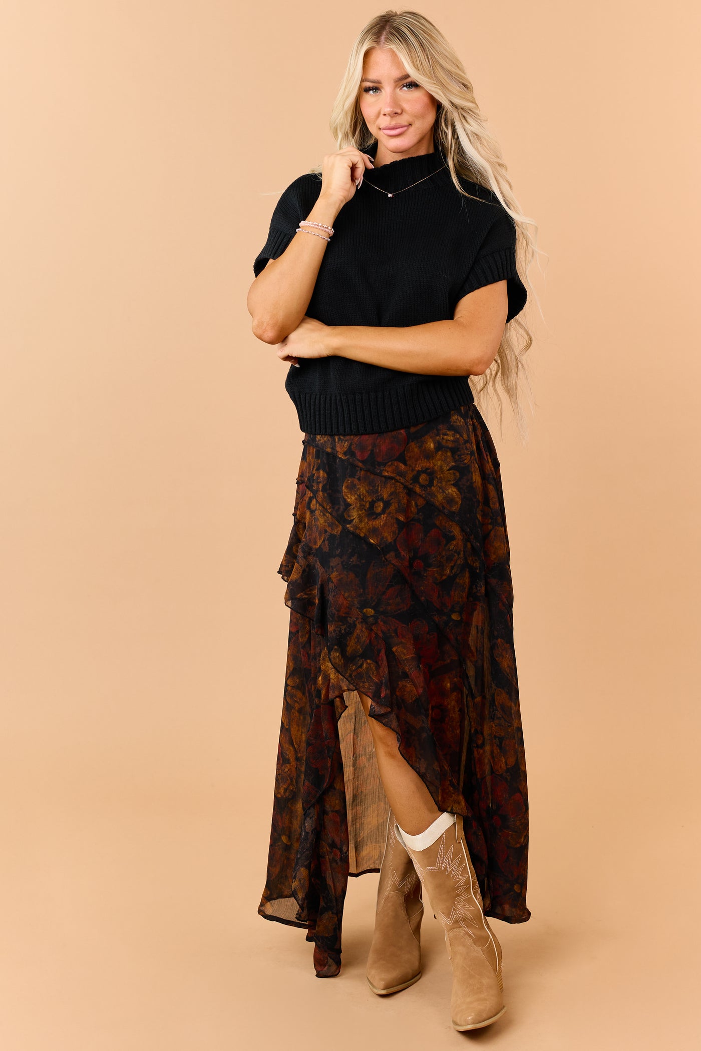 Black Rib Knit Mock Neck Short Sleeve Sweater