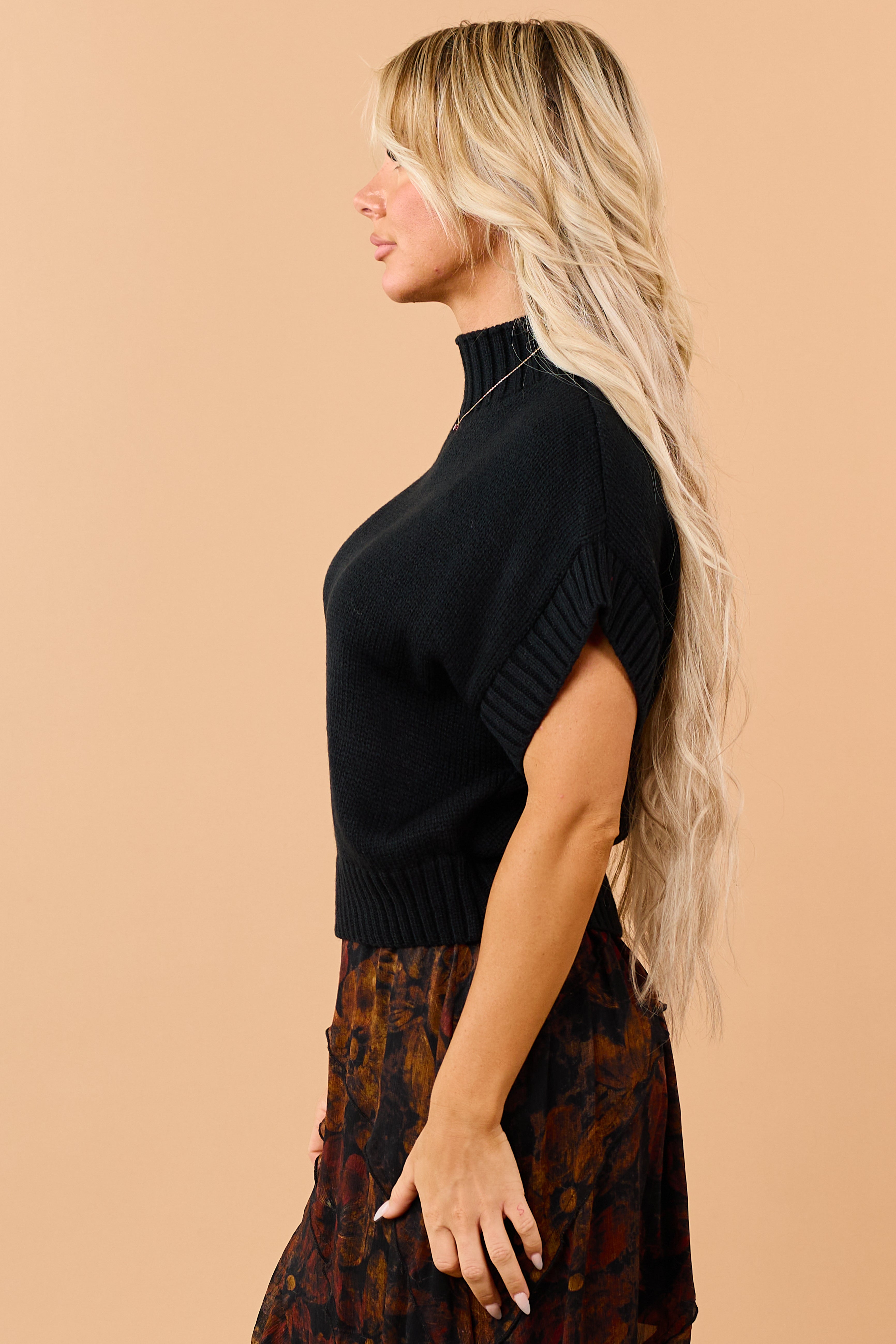 Black Rib Knit Mock Neck Short Sleeve Sweater