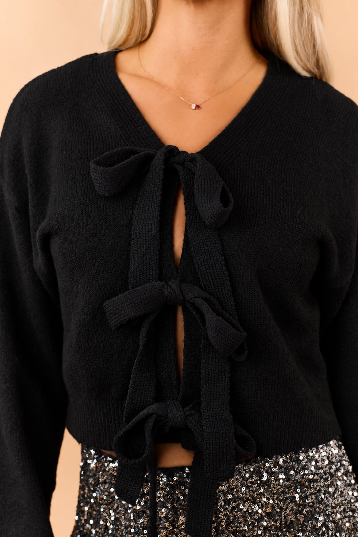 Black Rib Knit Open Bow Tie Design Sweater
