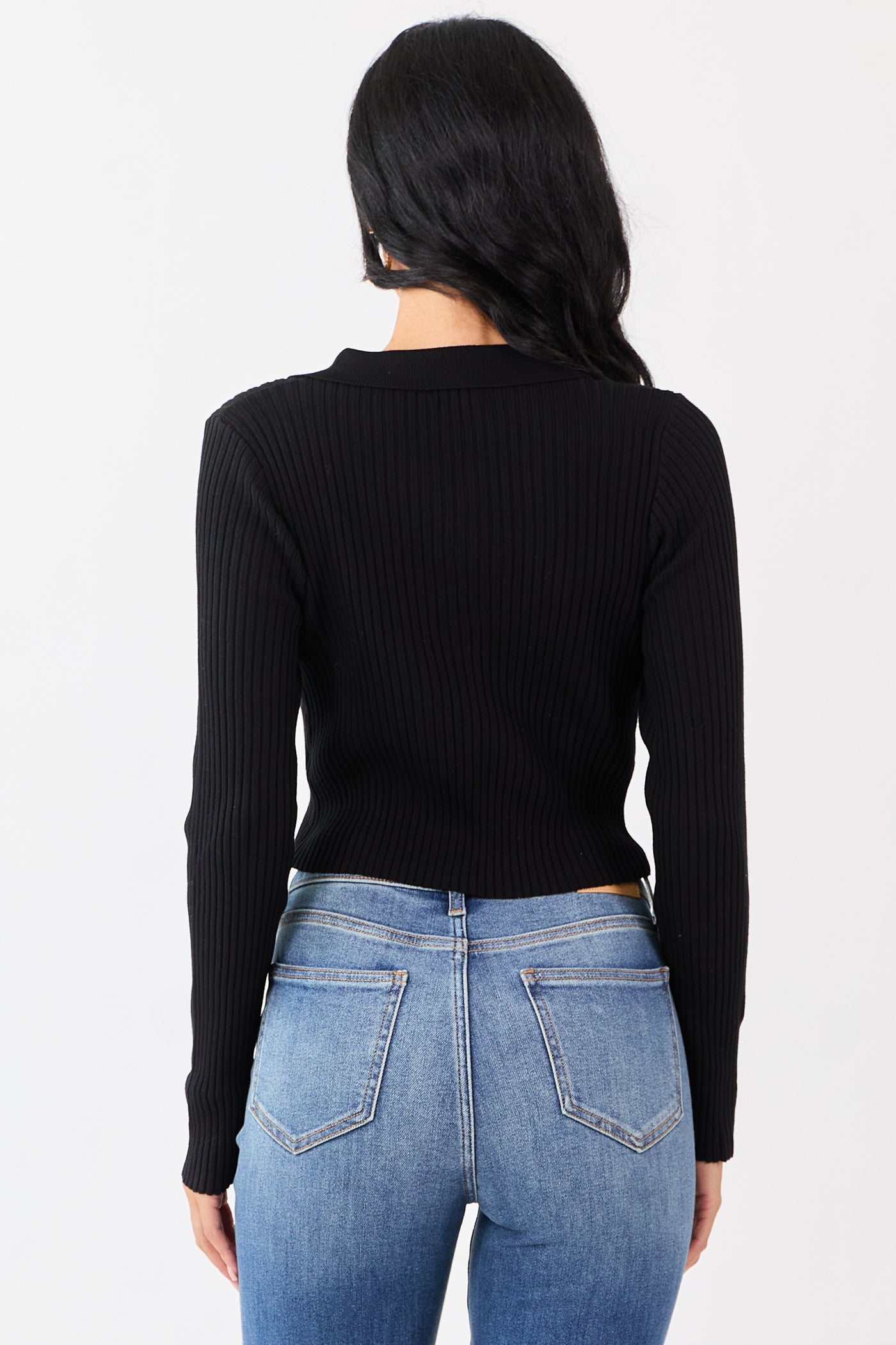 Black Rib Knit Polo Style Cropped Sweater