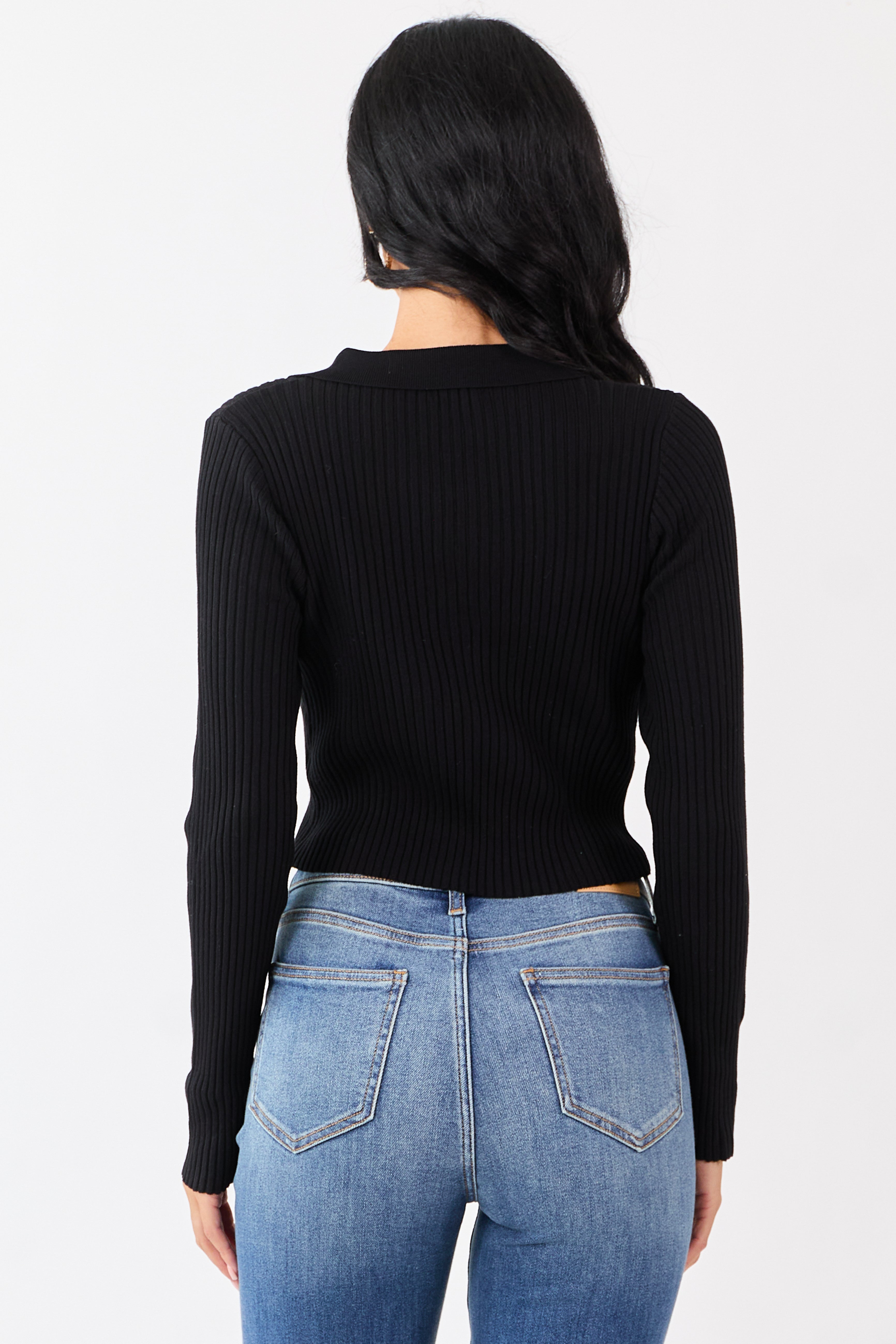 Black Rib Knit Polo Style Cropped Sweater