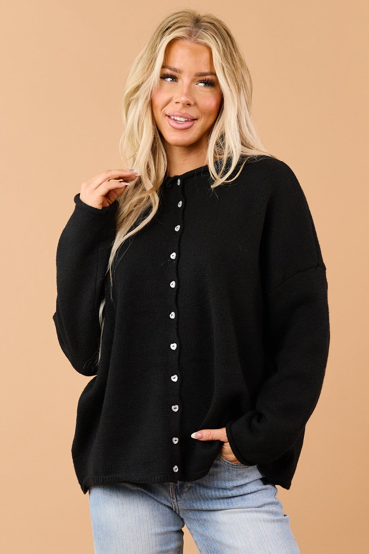 Black Rib Knit Rolled Trim Button Down Cardigan