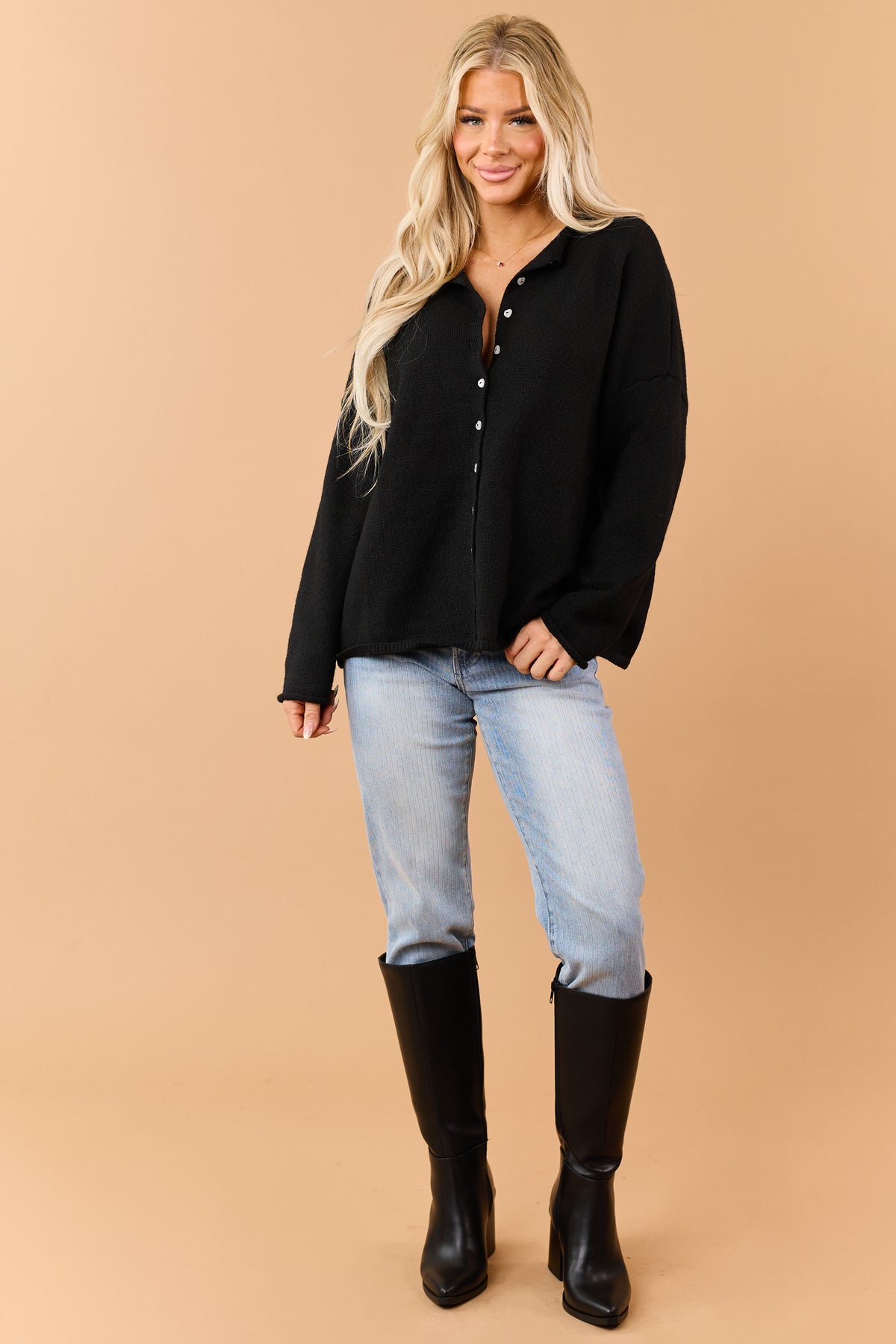 Black Rib Knit Rolled Trim Button Down Cardigan