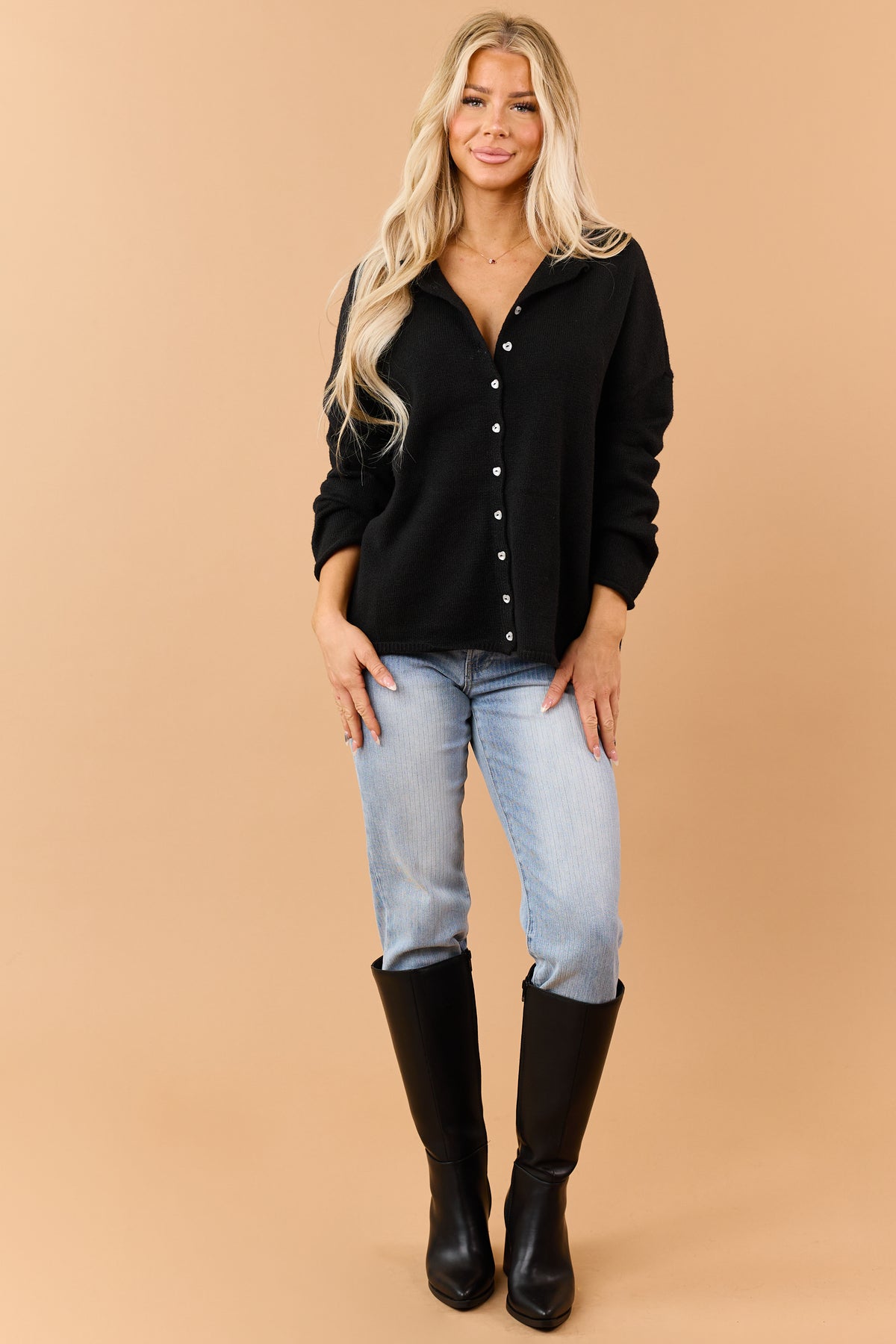 Black Rib Knit Rolled Trim Button Down Cardigan