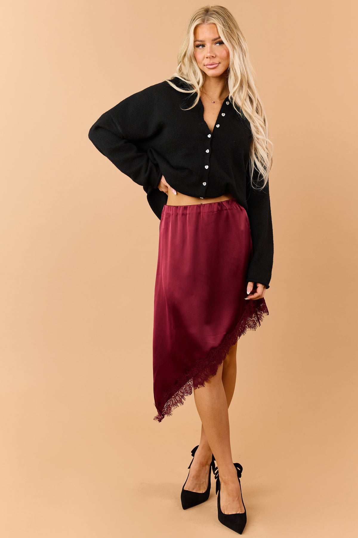 Black Rib Knit Rolled Trim Button Down Cardigan