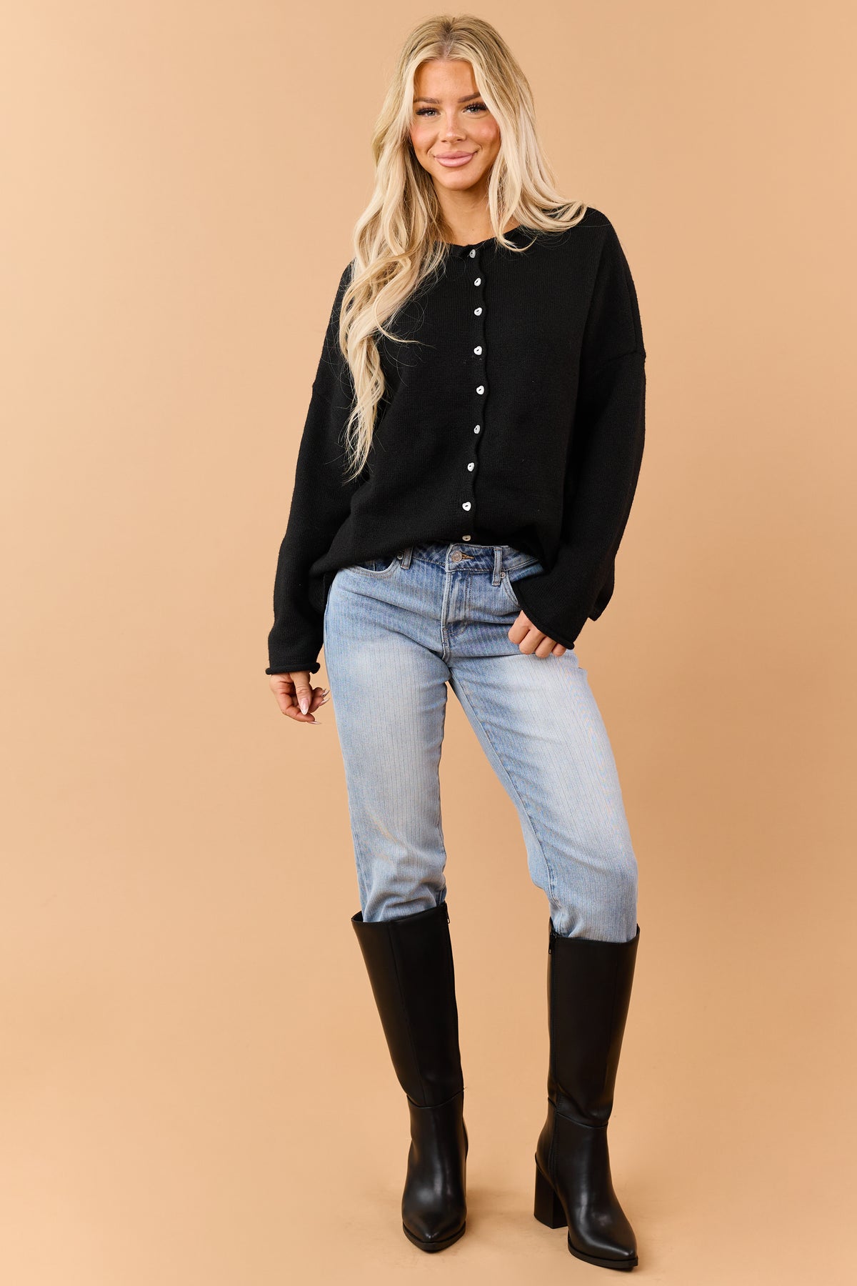 Black Rib Knit Rolled Trim Button Down Cardigan