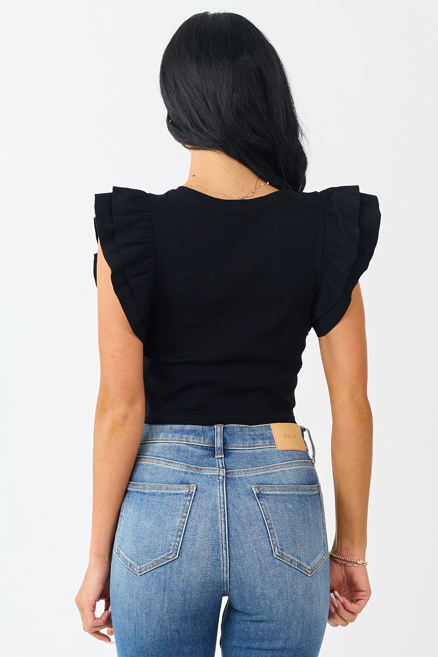 Black Rib Knit Ruffle Cap Sleeve Crop Top