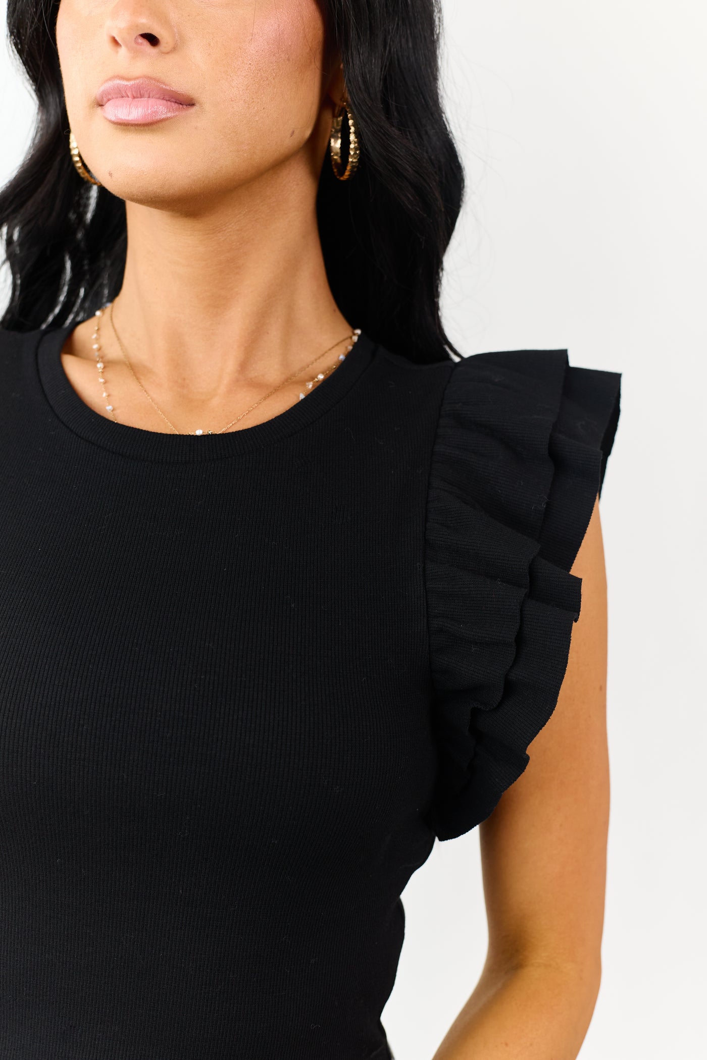 Black Rib Knit Ruffle Cap Sleeve Crop Top