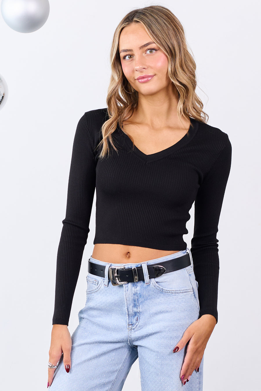 Black Rib Knit V-Neck Cropped Sweater Top