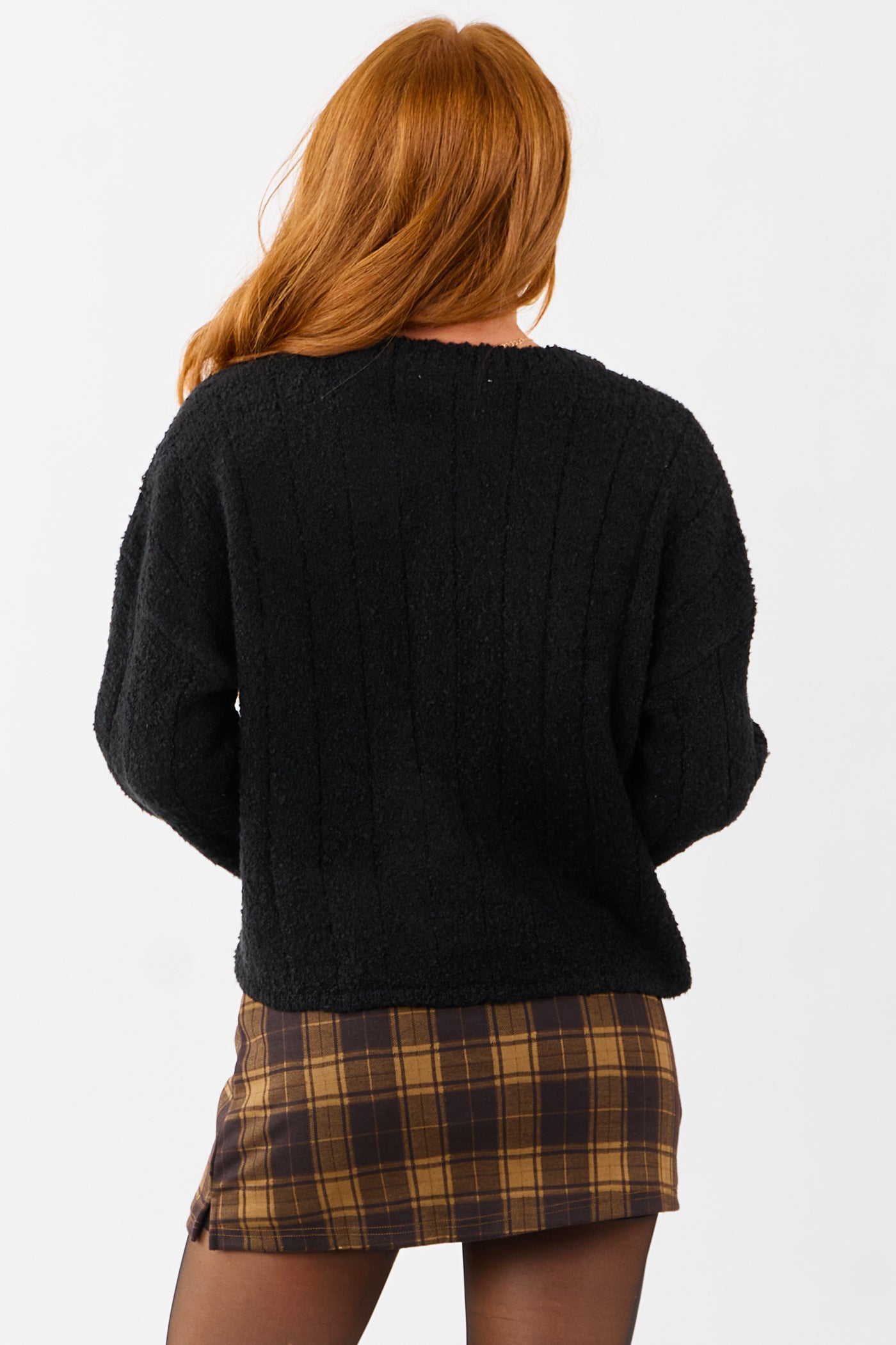 Black Rib Texture Crew Neck Pullover Sweater