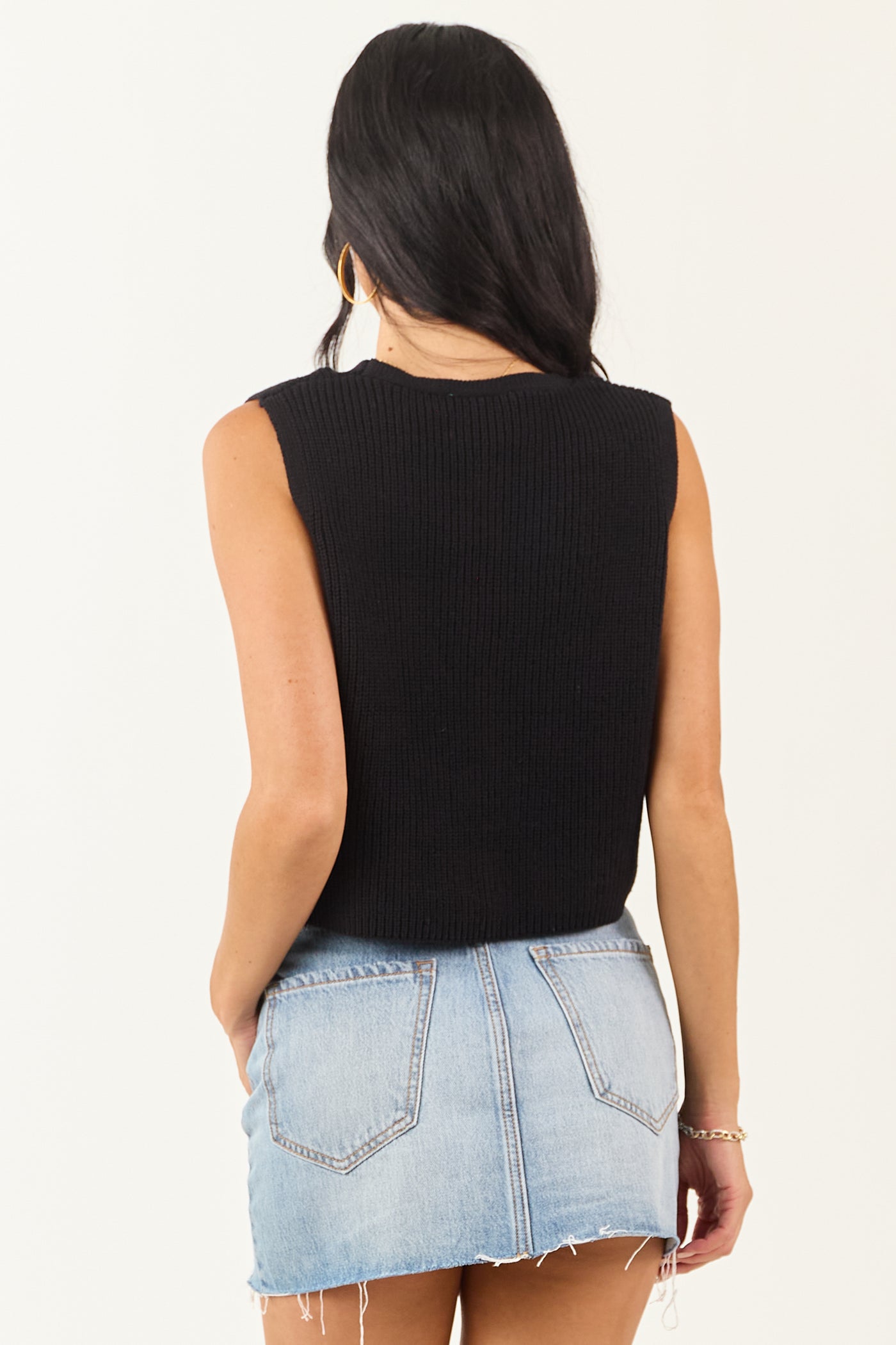 Black Ribbed Knit Cropped Button Up Sweater Vest