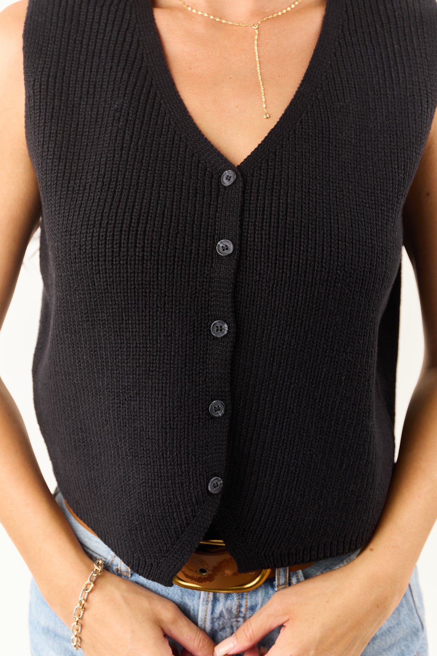 Black Ribbed Knit Cropped Button Up Sweater Vest