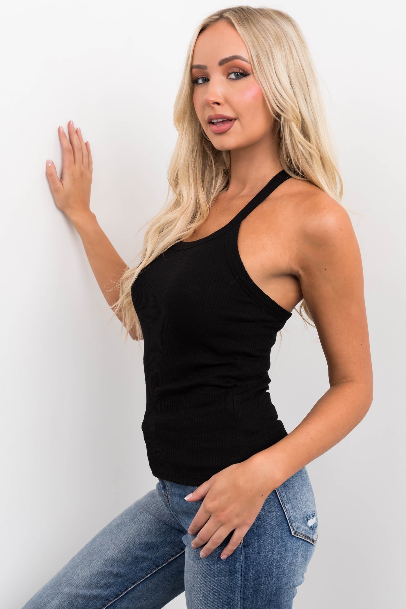 Black Ribbed Knit Scoop Neck Solid Tank Top