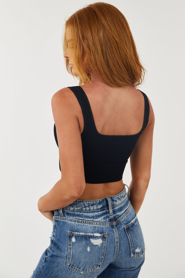 Black Ribbed Knit Square Neck Padded Brami