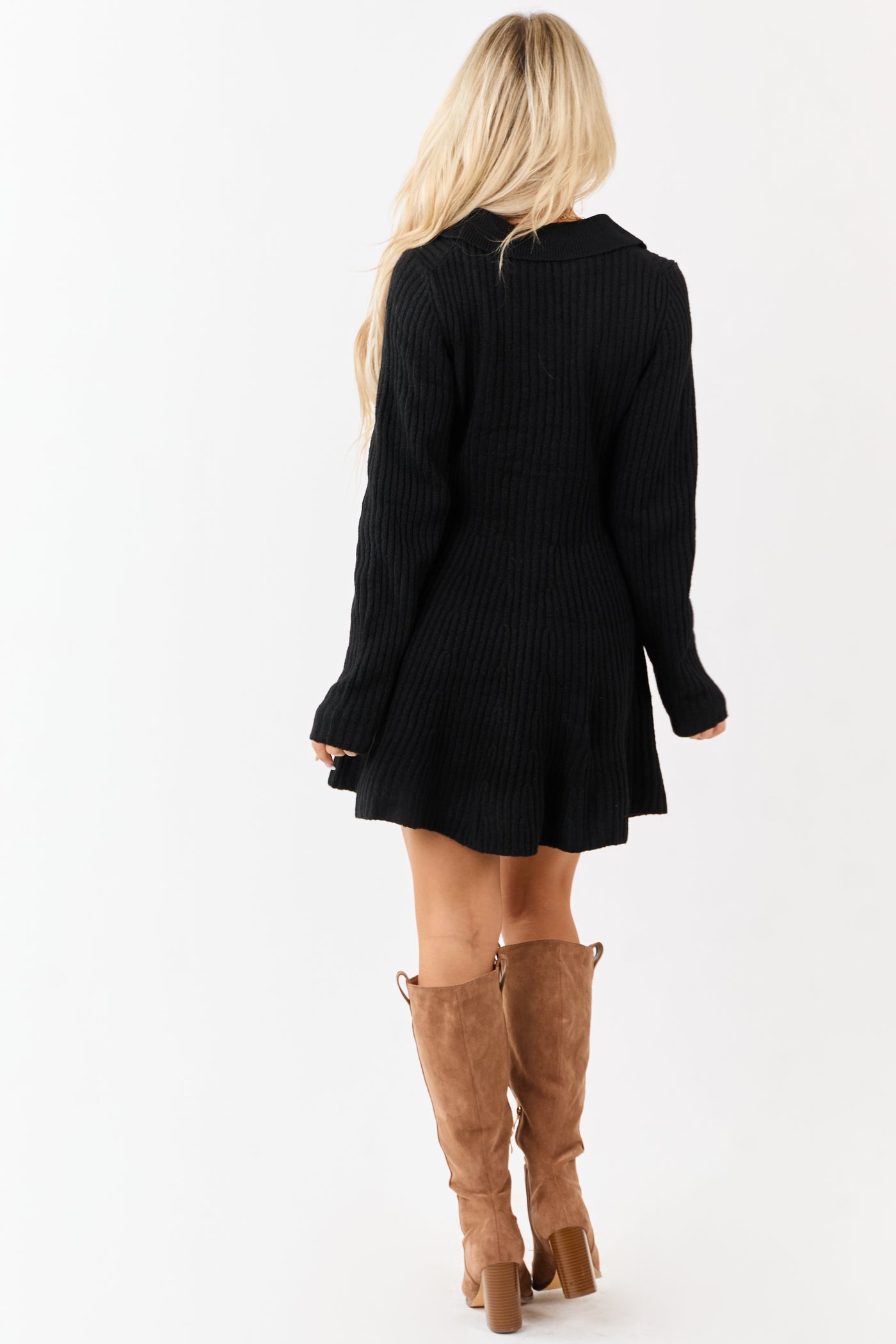 Black Ribbed Knit Wool Blend Short Sweater Dress