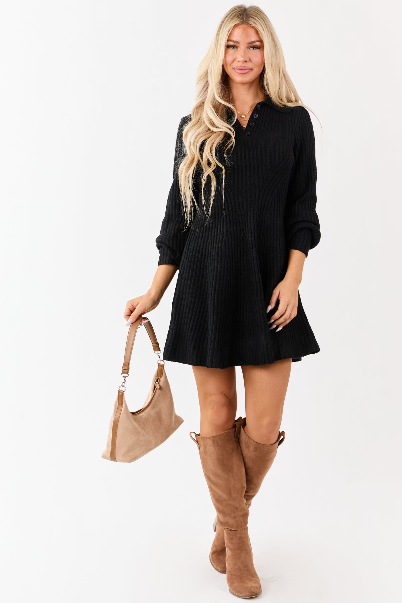 Black Ribbed Knit Wool Blend Short Sweater Dress