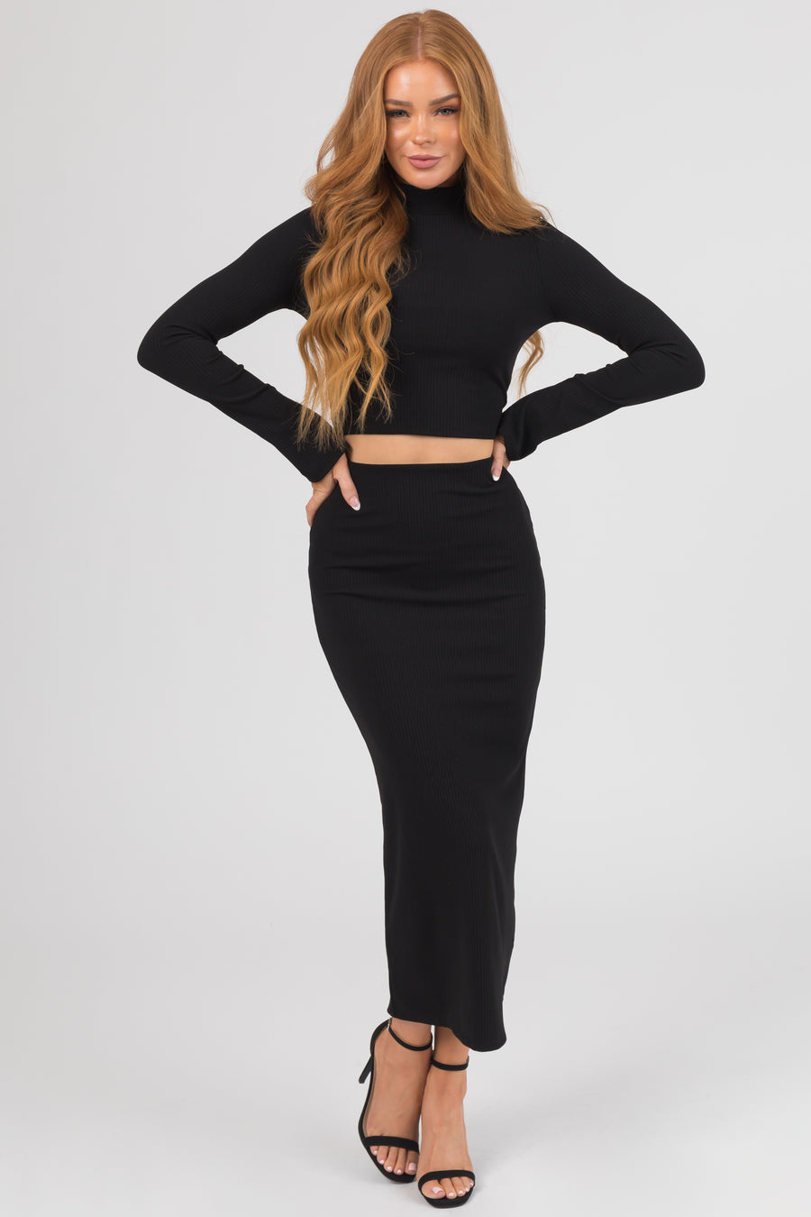 Black Ribbed Mock Neck Top and Maxi Skirt Set