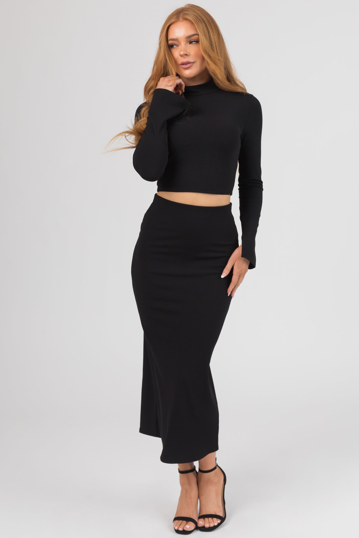 Black Ribbed Mock Neck Top and Maxi Skirt Set