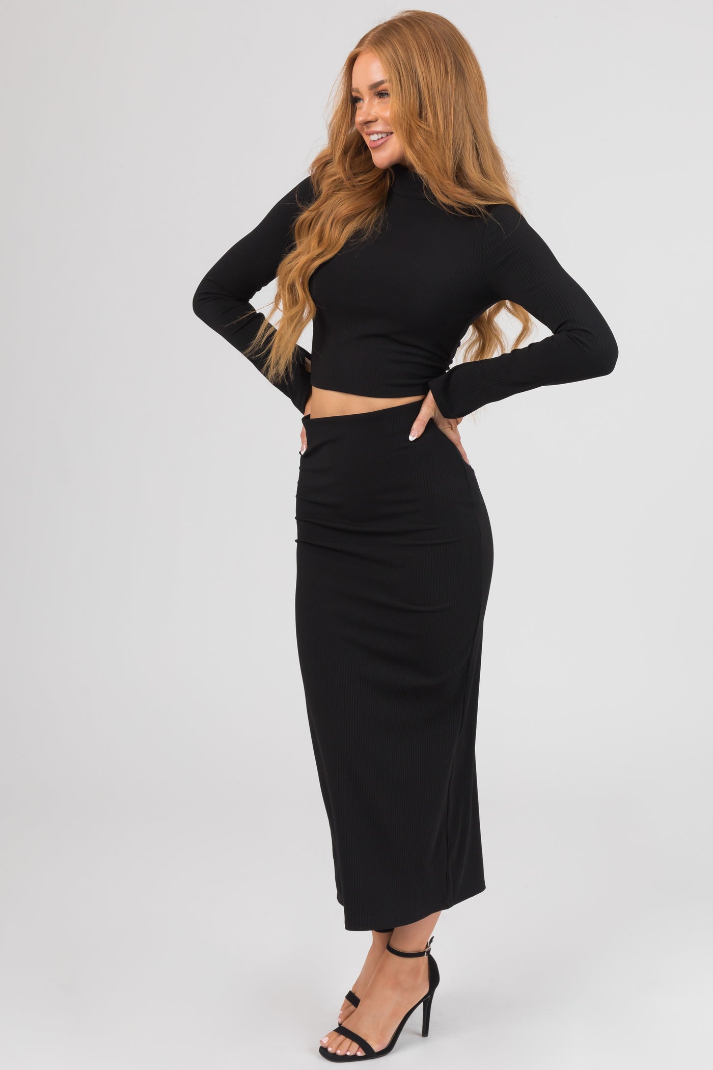 Black Ribbed Mock Neck Top and Maxi Skirt Set