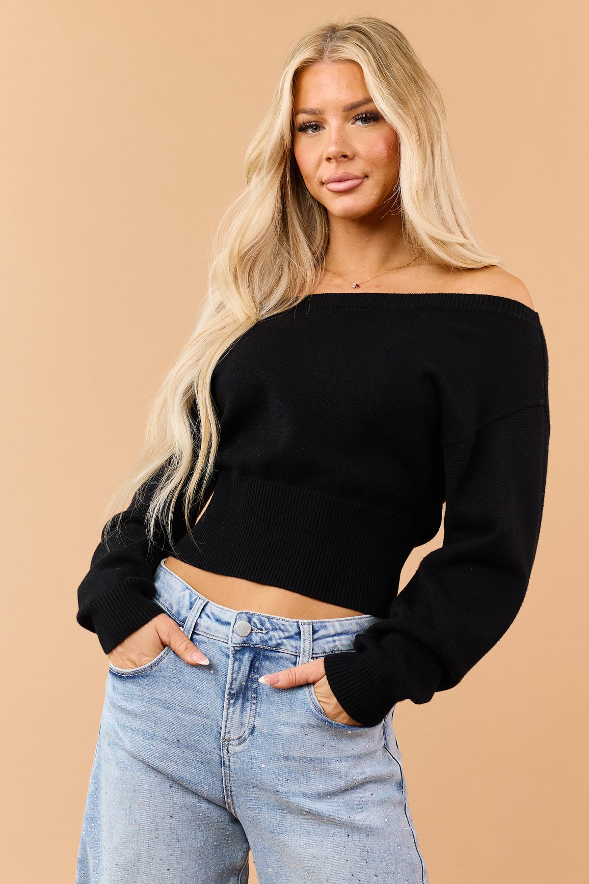 Black Ribbed Trim Off Shoulder Soft Knit Sweater