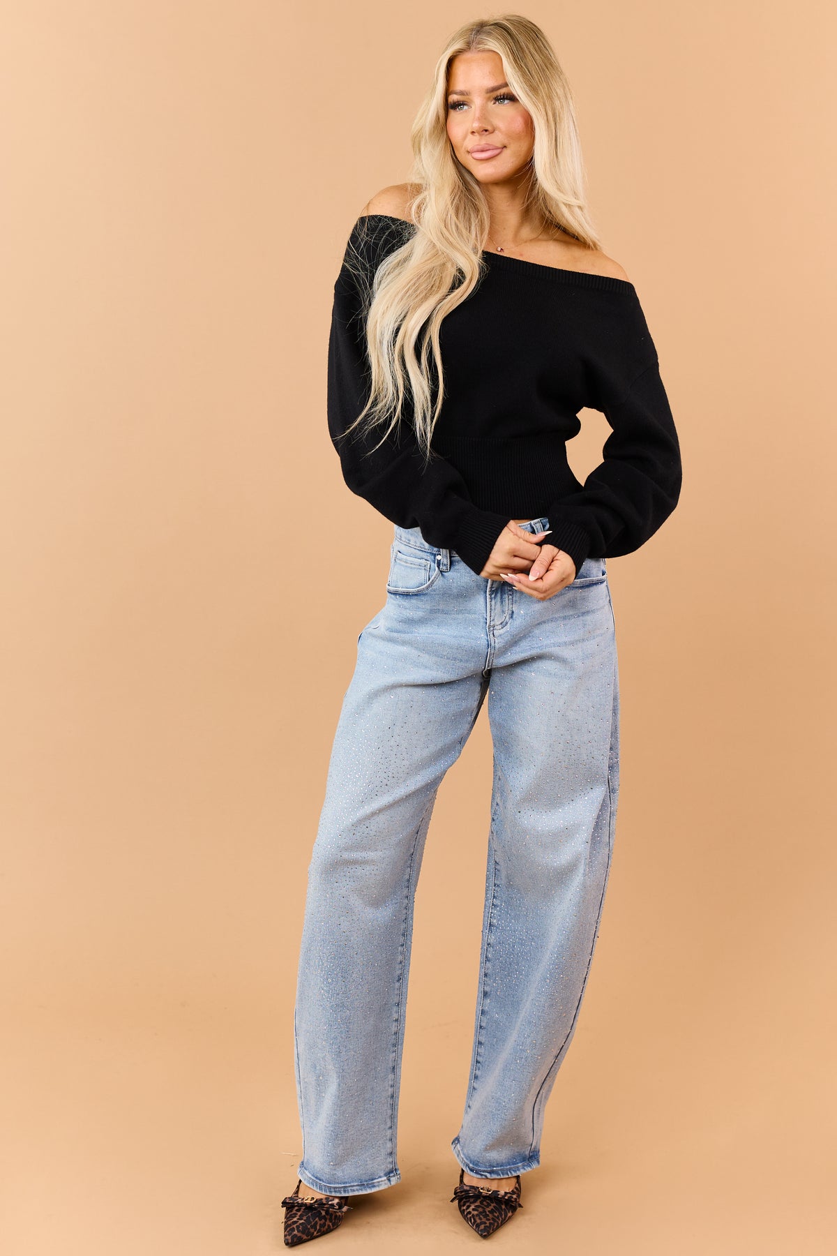 Black Ribbed Trim Off Shoulder Soft Knit Sweater