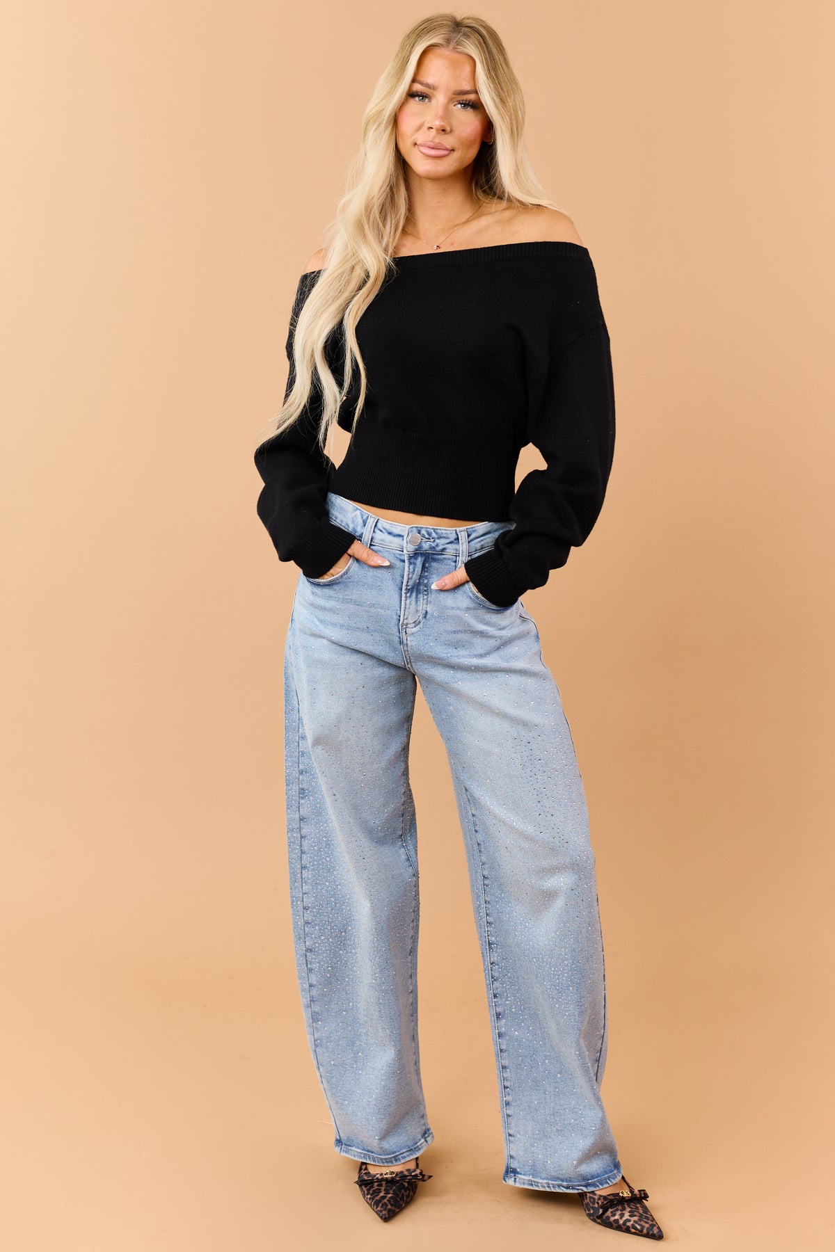 Black Ribbed Trim Off Shoulder Soft Knit Sweater