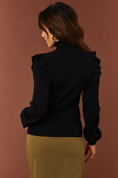 Black Ribbed Turtleneck Ruffle Sweater