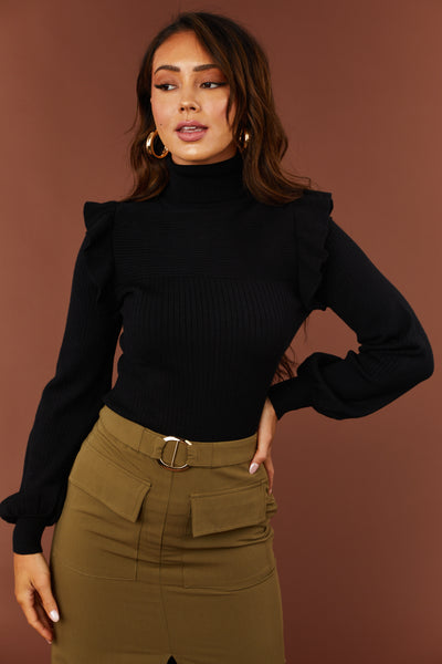 Black Ribbed Turtleneck Ruffle Sweater
