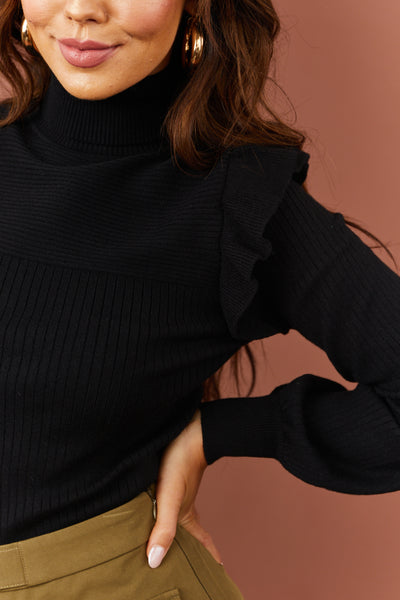 Black Ribbed Turtleneck Ruffle Sweater