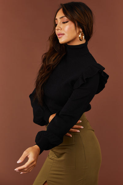 Black Ribbed Turtleneck Ruffle Sweater