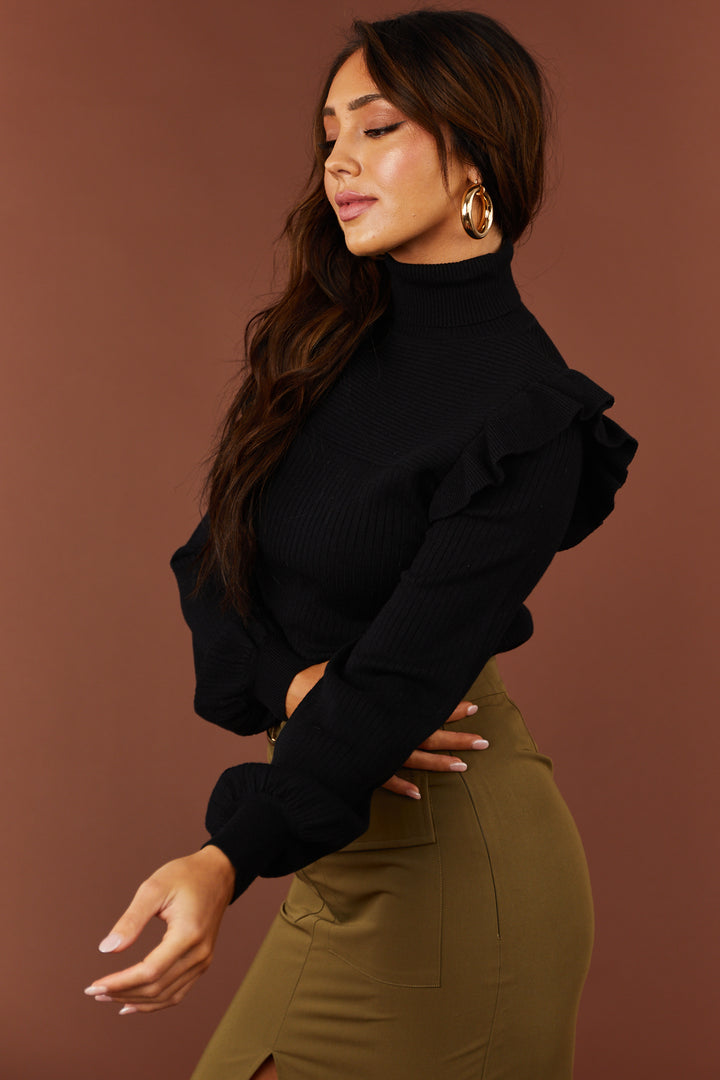 Black Ribbed Turtleneck Ruffle Sweater