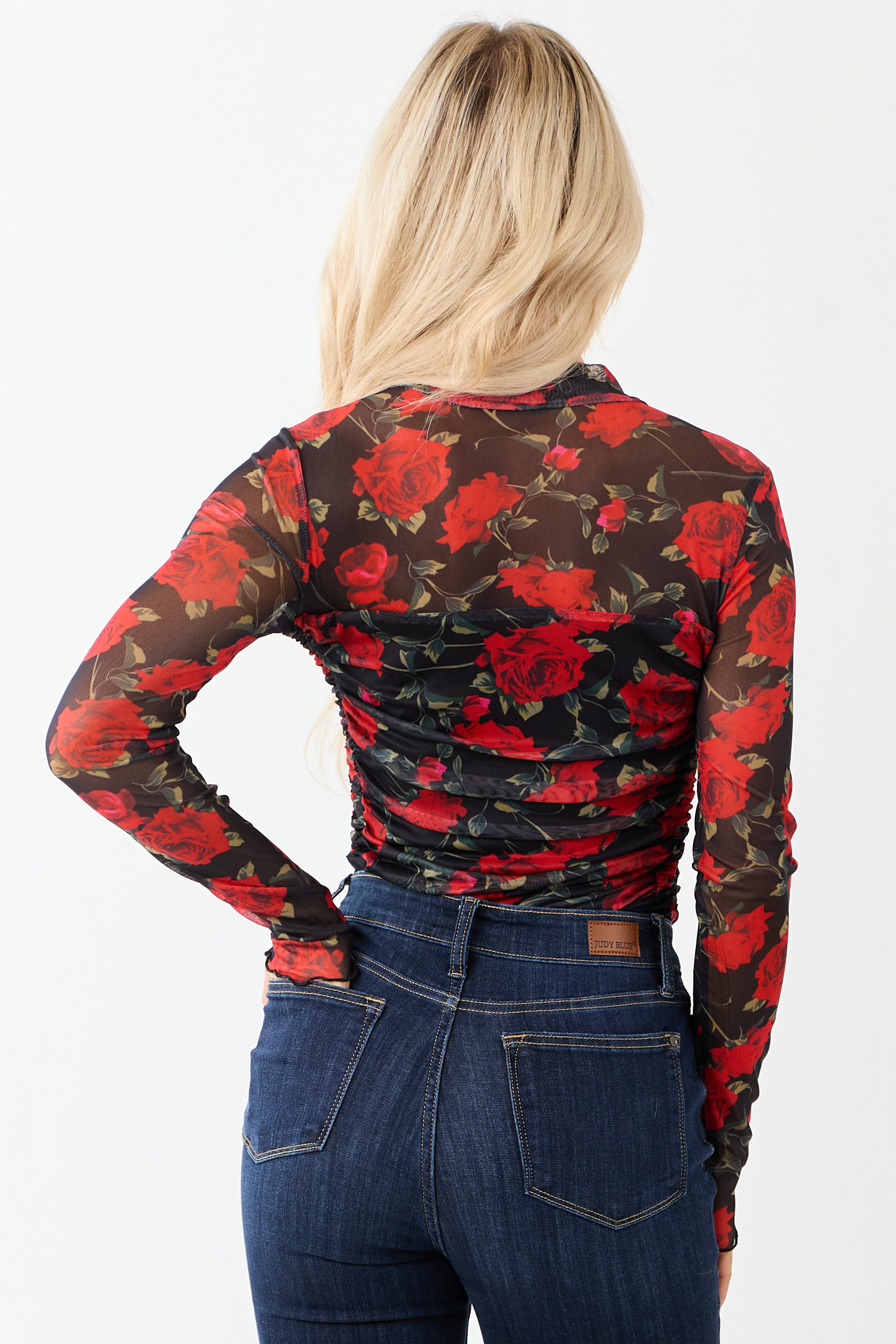 Black Rose Print Mesh Ruched Mock Neck Bodysuit