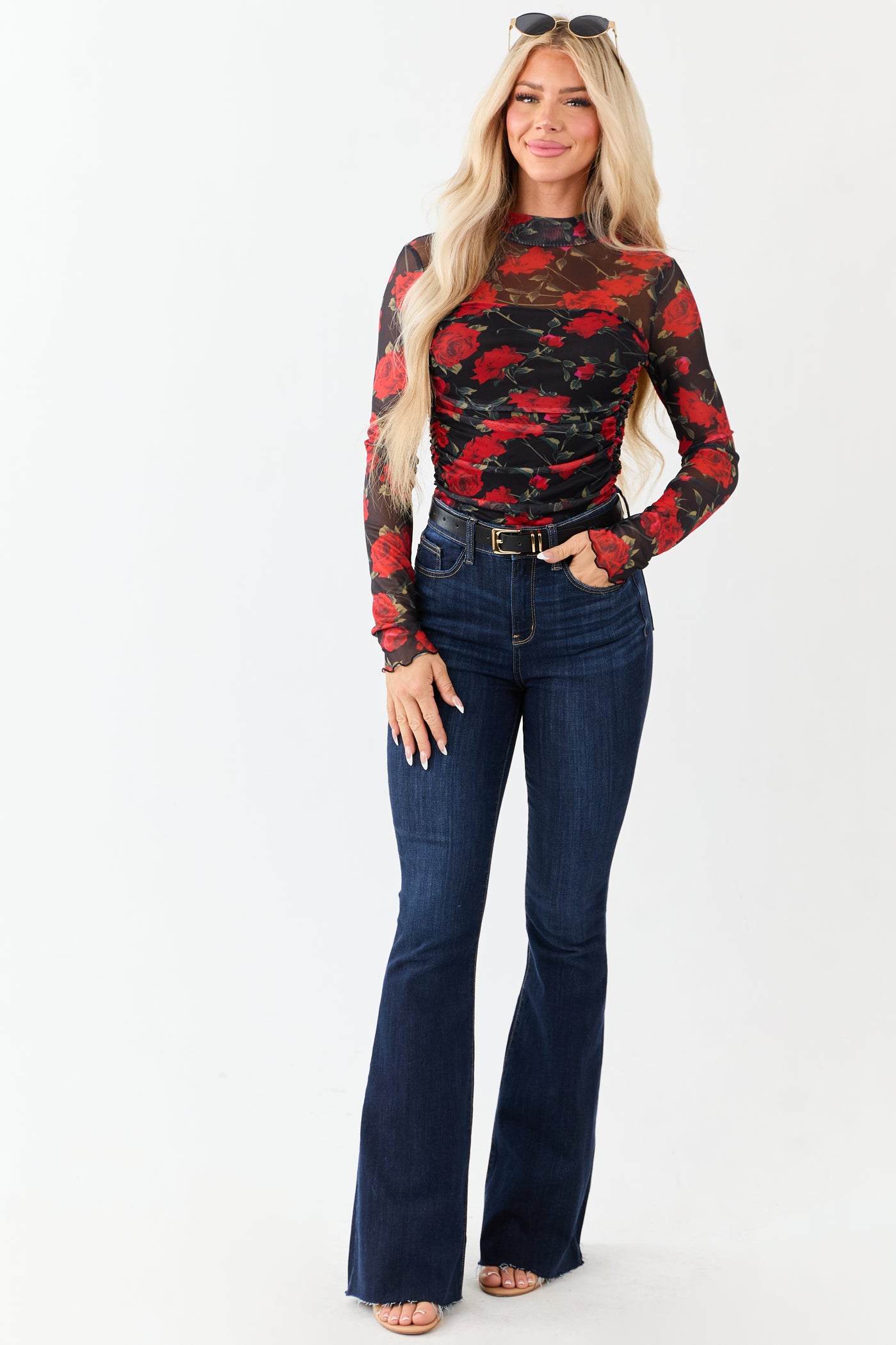 Black Rose Print Mesh Ruched Mock Neck Bodysuit