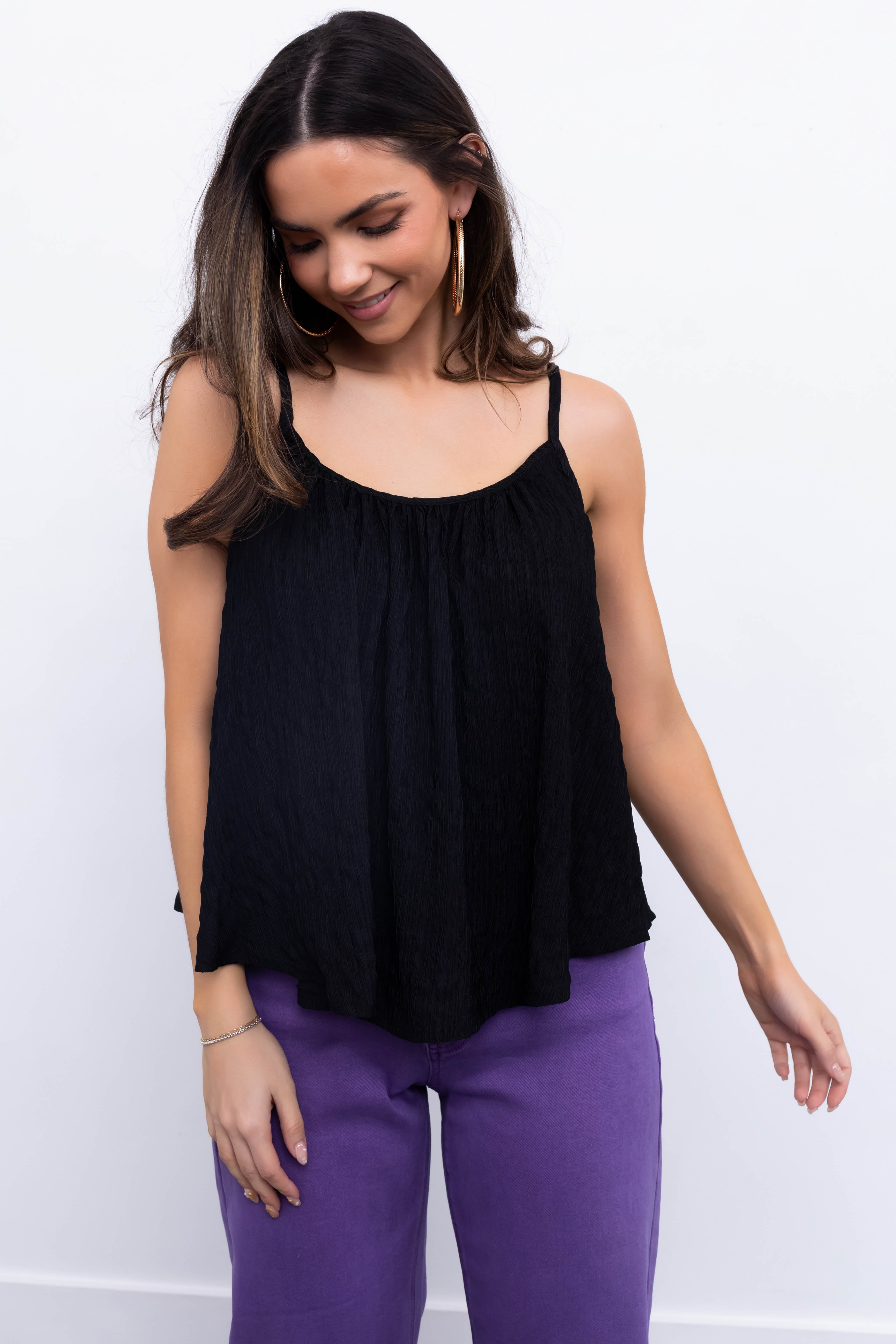 Black Round Neckline Flowy Cami Tank Top | Lime Lush Boutique