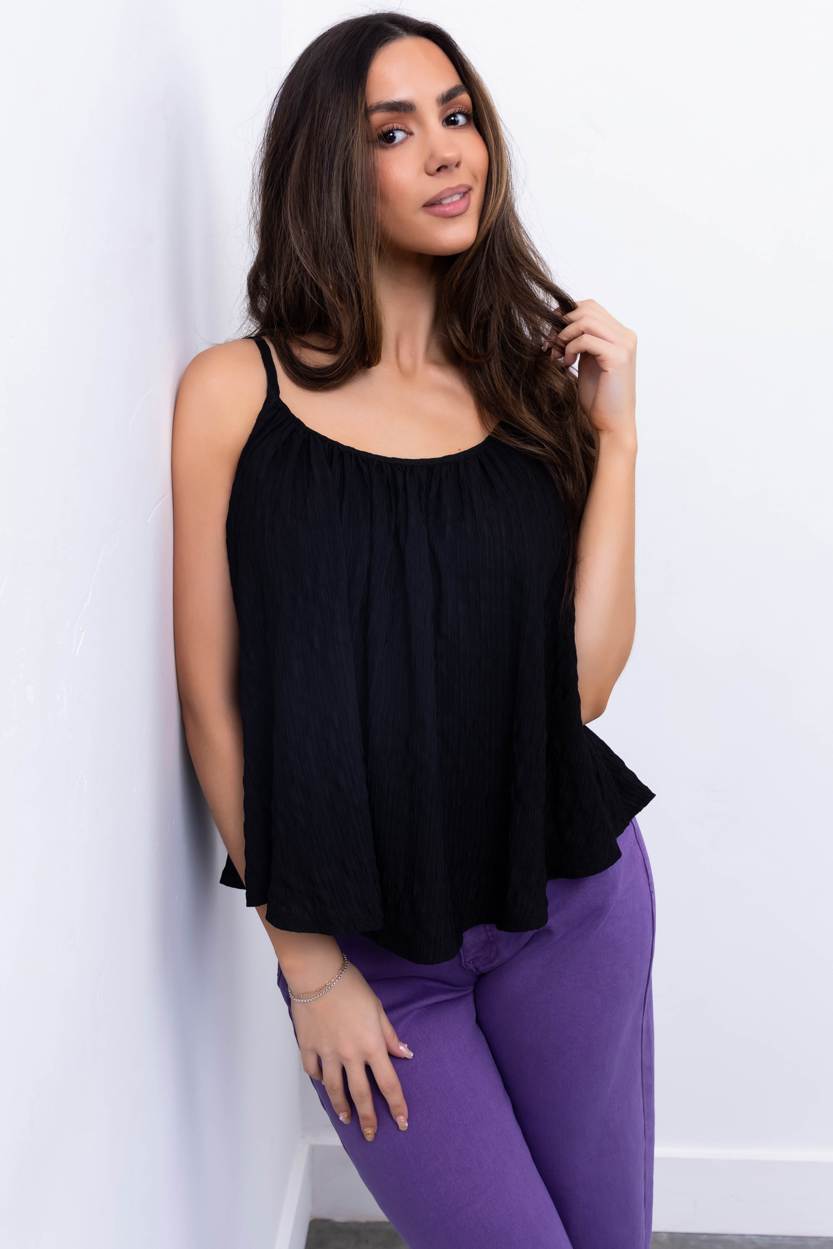 Black Round Neckline Flowy Cami Tank Top | Lime Lush Boutique