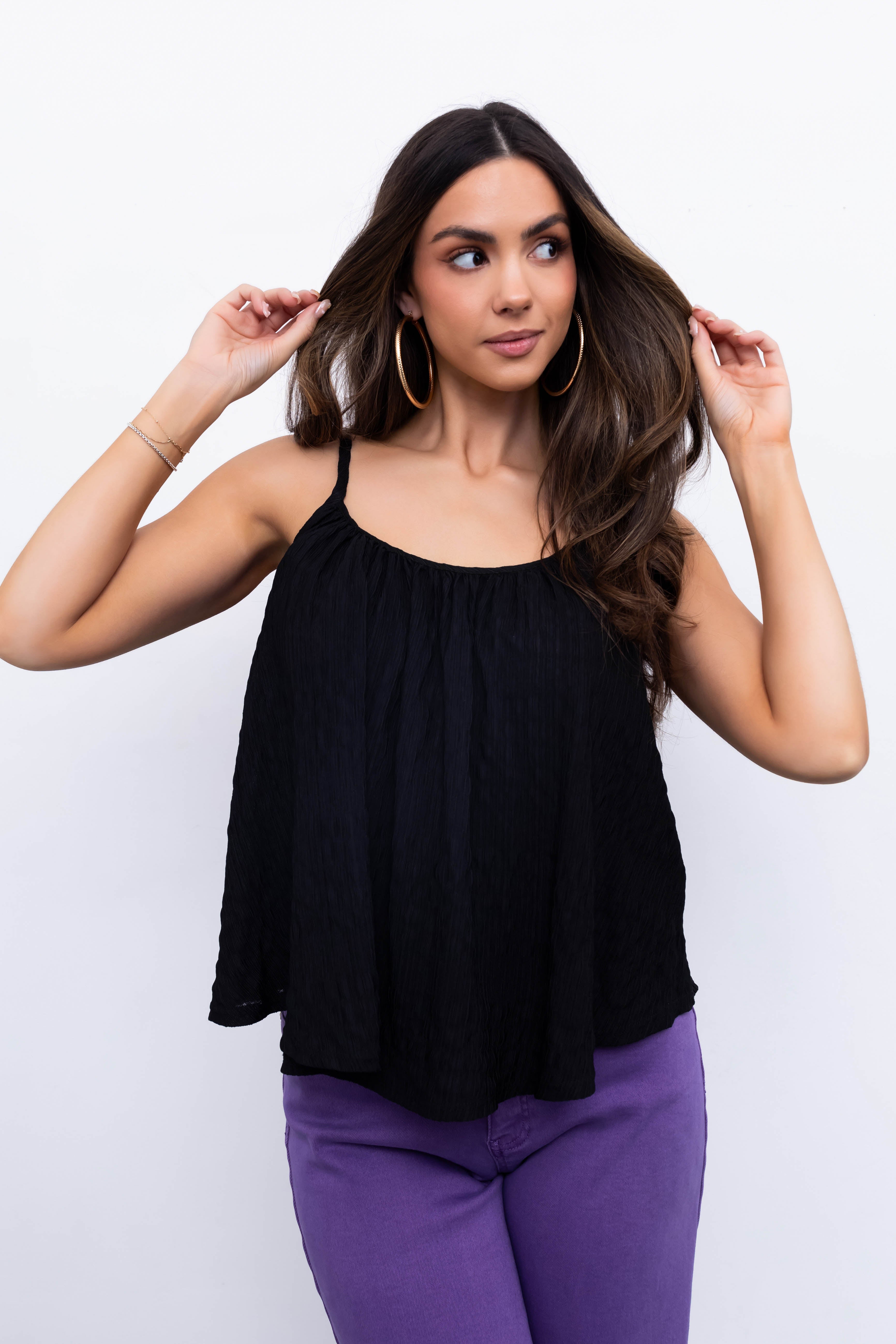 Black Round Neckline Flowy Cami Tank Top | Lime Lush Boutique