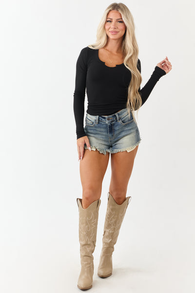 Black Rounded Notch Neckline Long Sleeve Knit Top