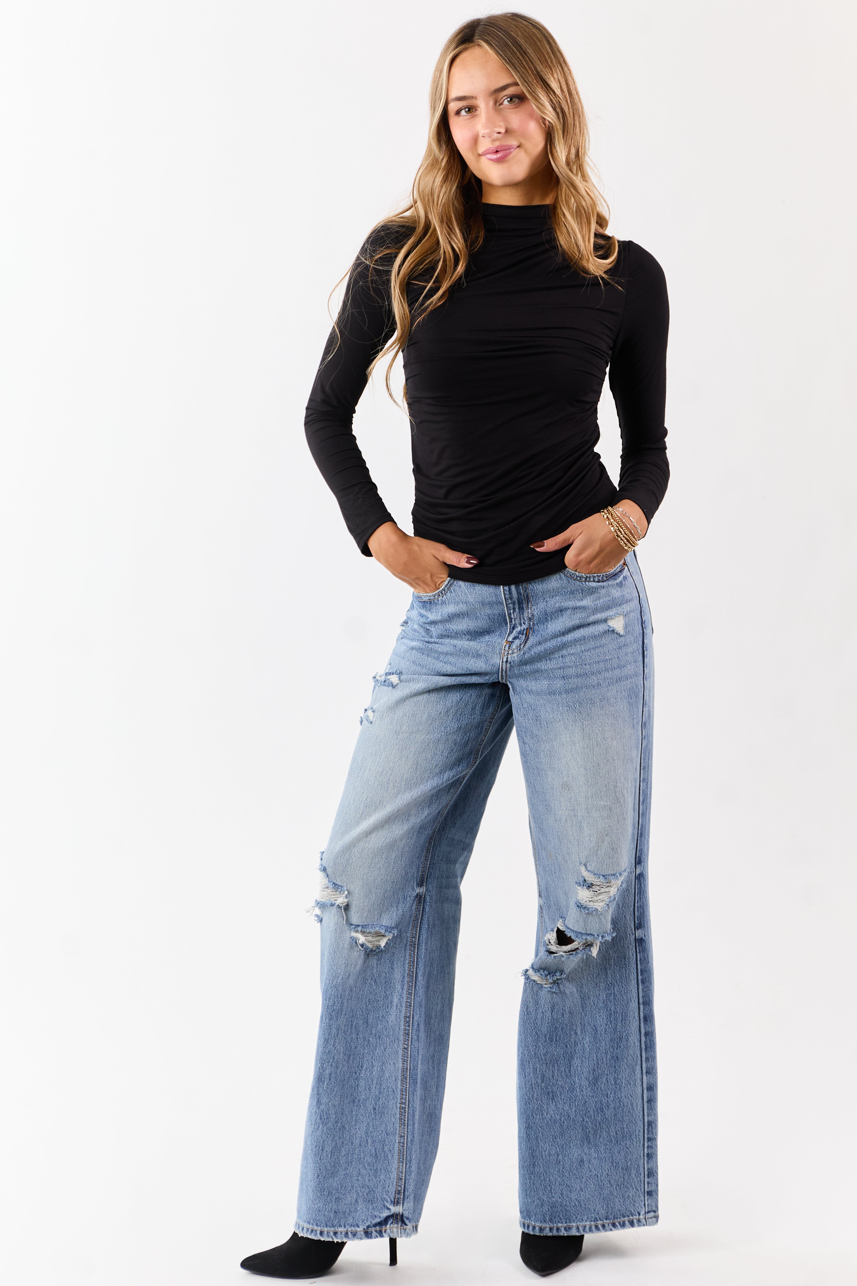 Black Ruched High Neck Double Layer Top