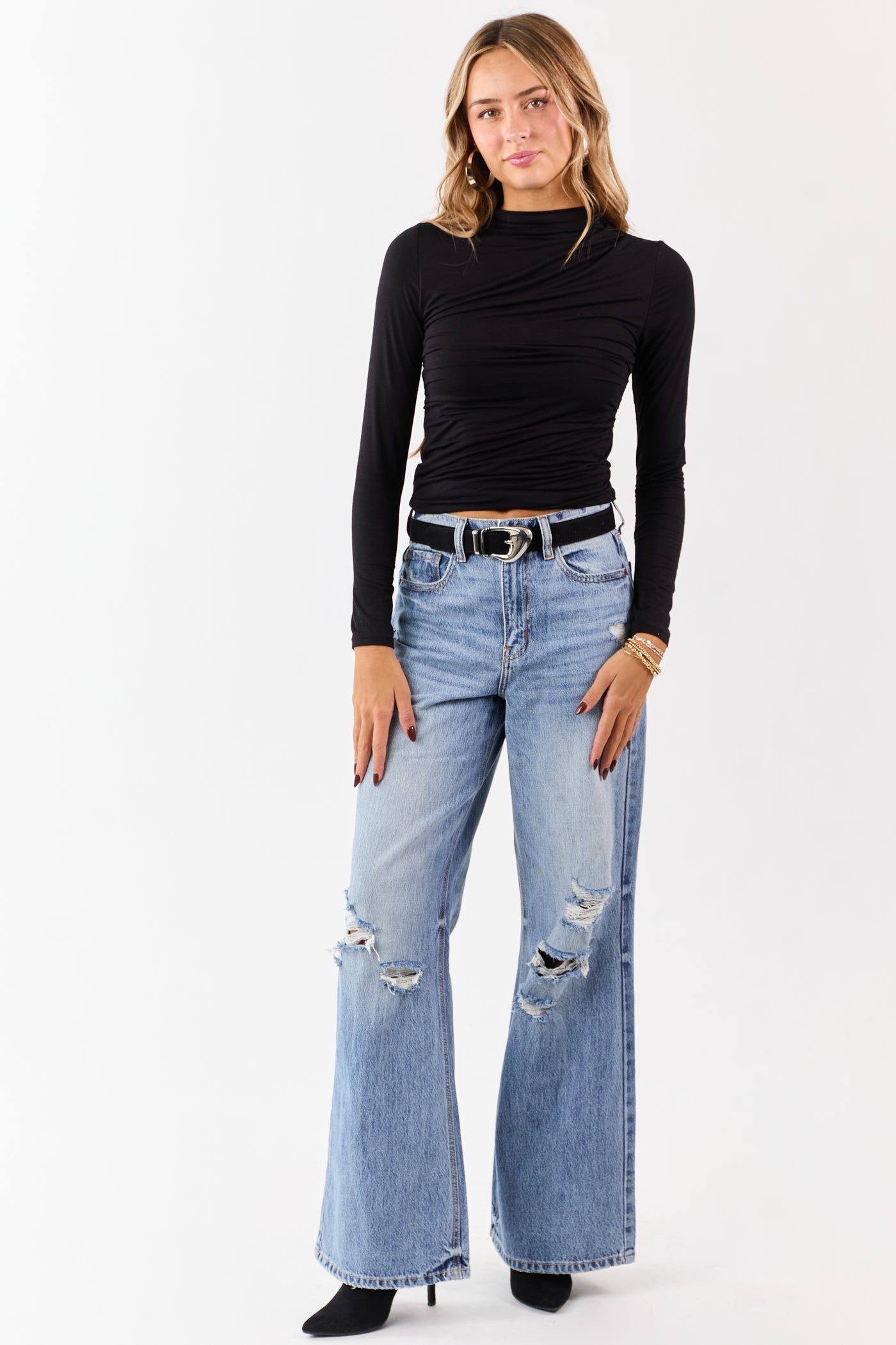 Black Ruched High Neck Double Layer Top