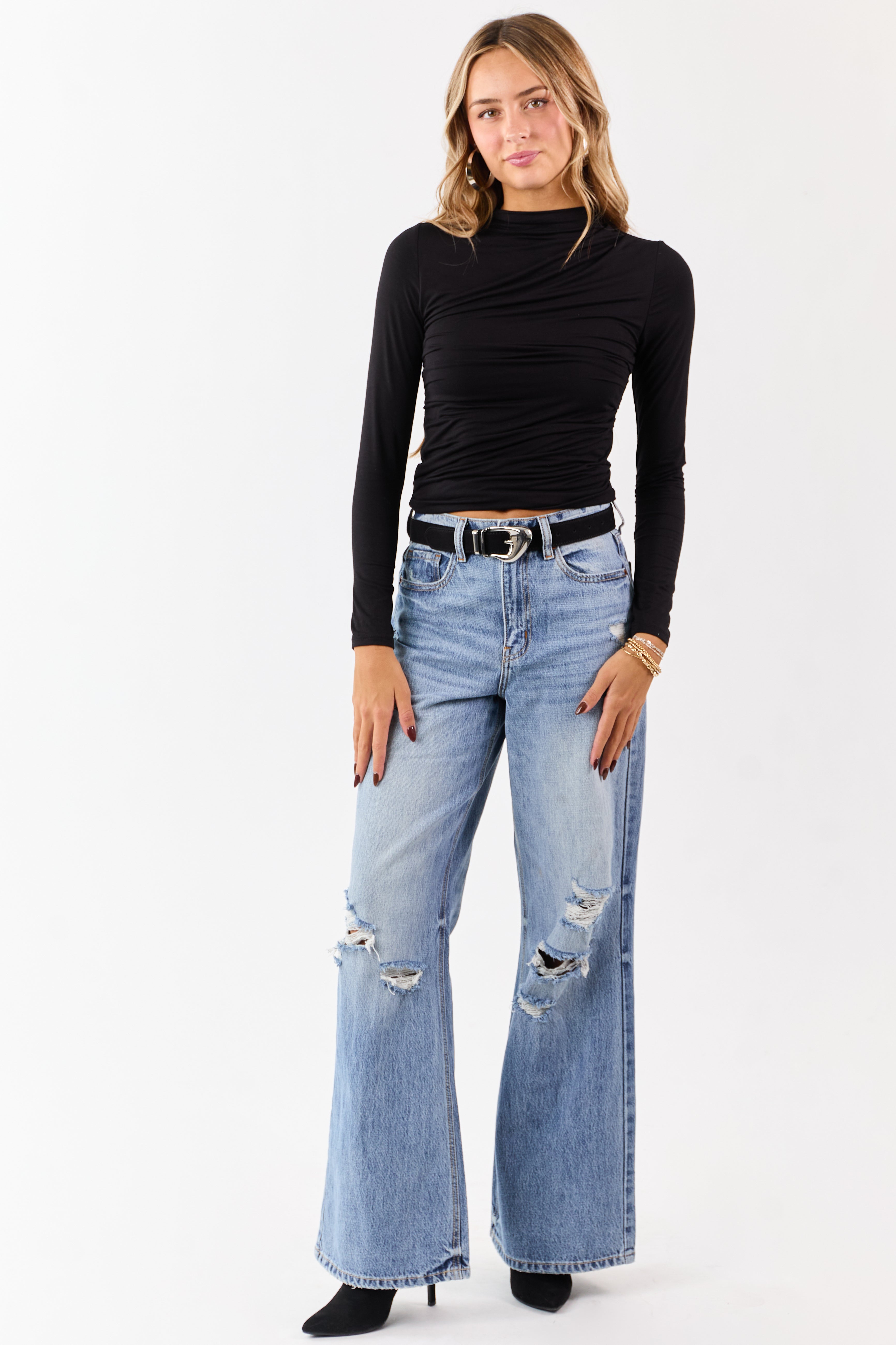 Black Ruched High Neck Double Layer Top