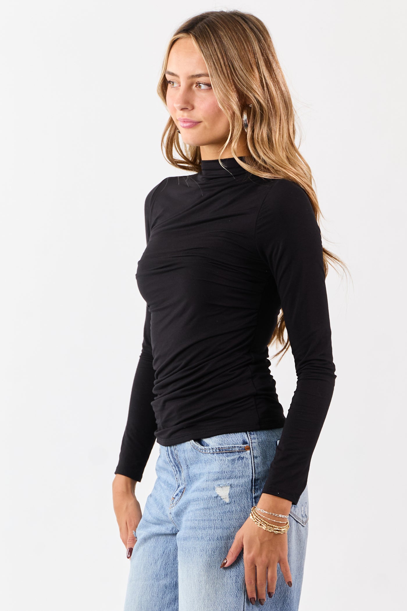 Black Ruched High Neck Double Layer Top