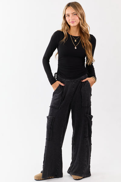 Black Ruched Side Tie Long Sleeve Knit Top